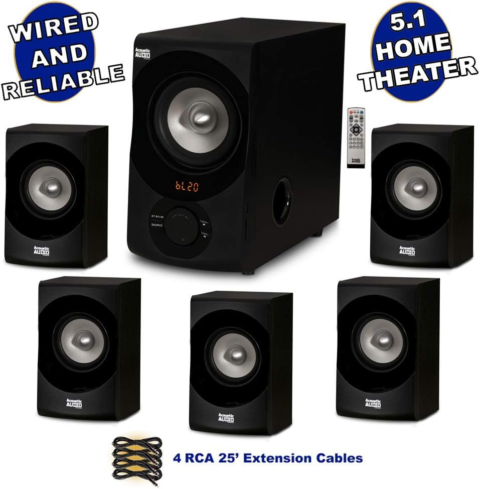 Acoustic Audio AA5172 700W Bluetooth Home Theater 5.1 Speaker System with FM Tuner, USB, SD Card, Remote Control, Powered Sub (6 Speakers, 5.1 Channels, Black with Gray)