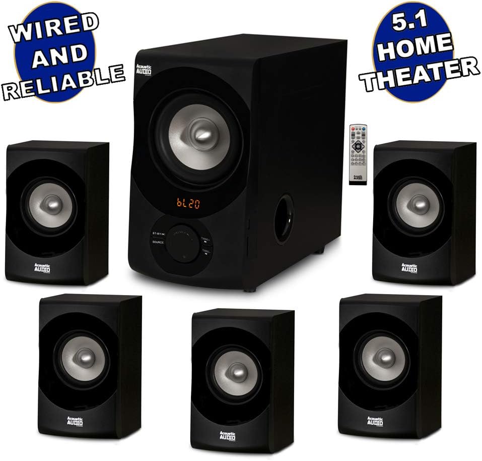 Acoustic Audio AA5172 700W Bluetooth Home Theater 5.1 Speaker System with FM Tuner, USB, SD Card, Remote Control, Powered Sub (6 Speakers, 5.1 Channels, Black with Gray)
