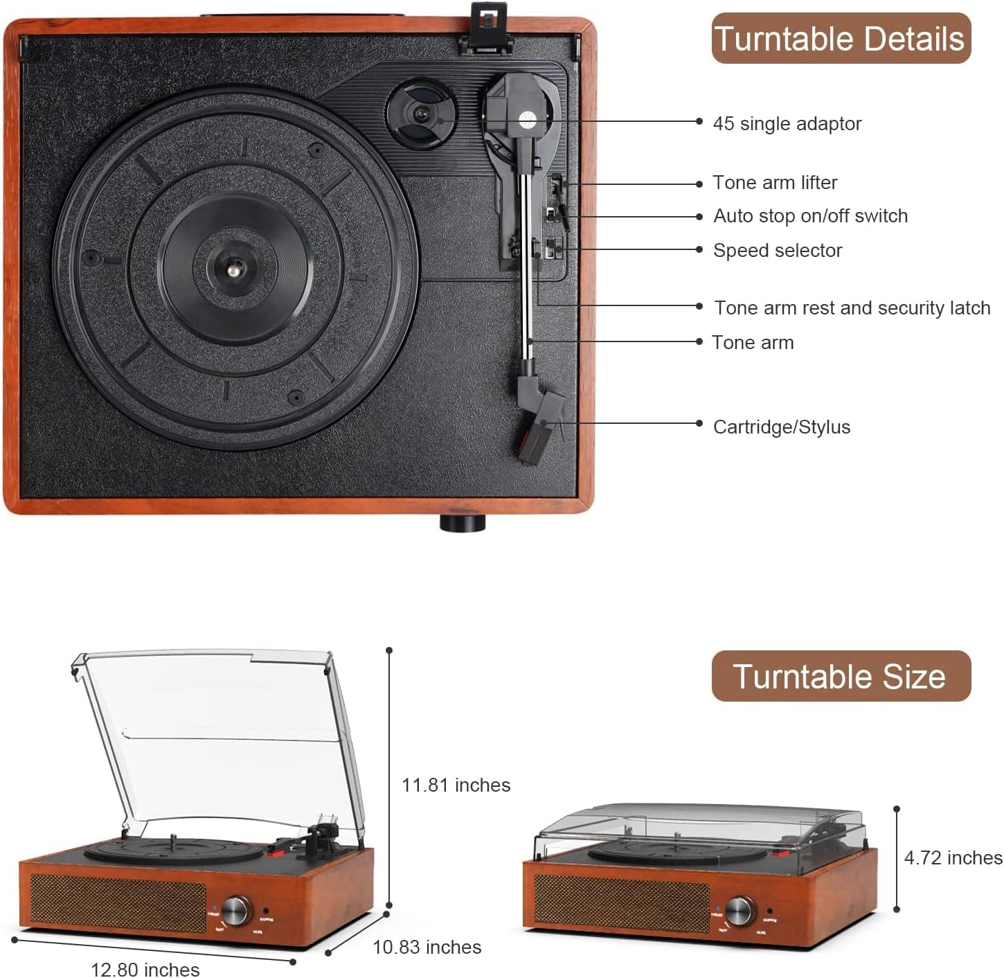 Bluetooth Turntable Vinyl Record Player with Speakers, 3 Speed Belt Driven Vintage Player for Entertainment AUX in RCA Out
