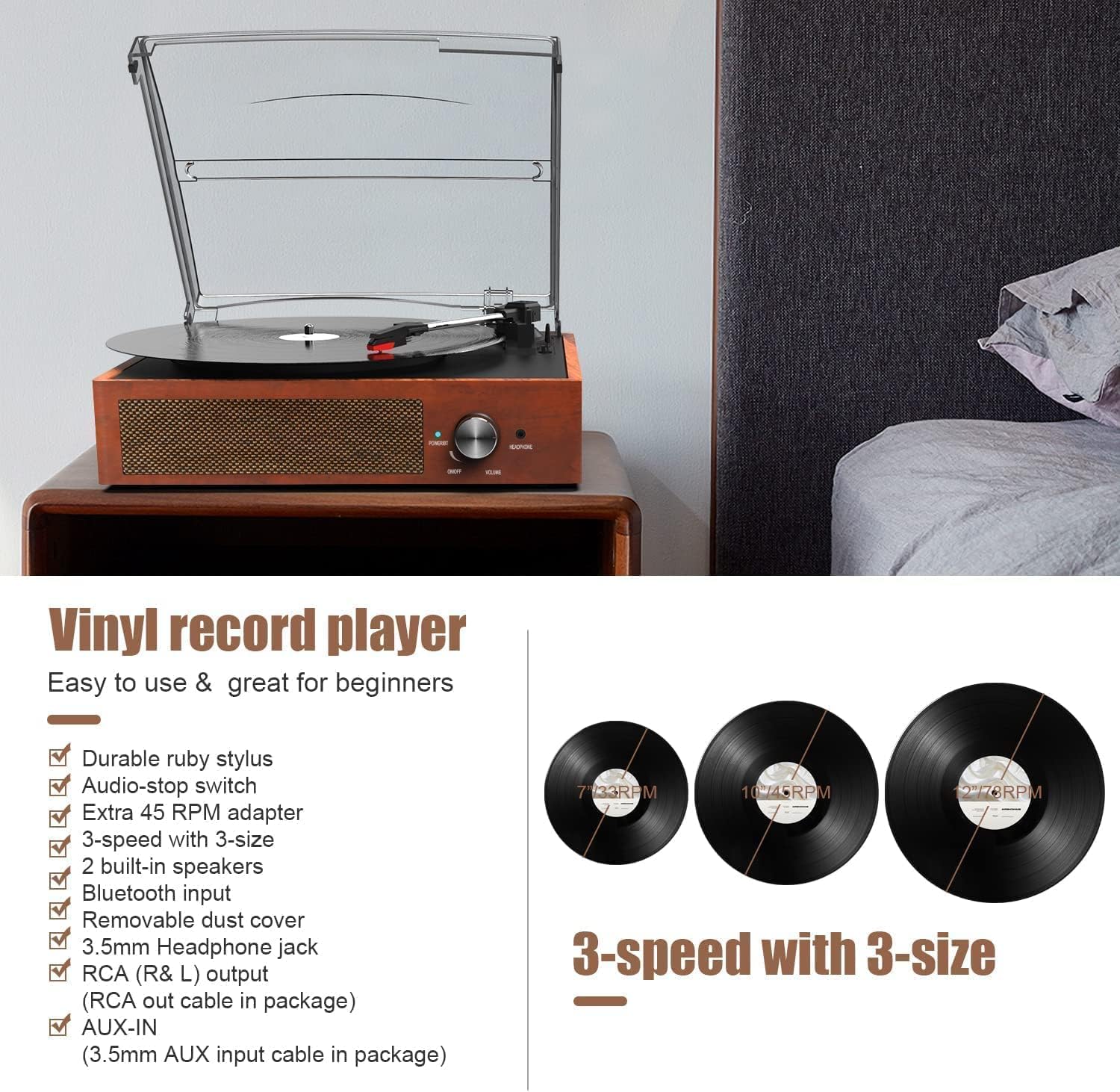 Bluetooth Turntable Vinyl Report Player with Speakers, 3 Speed Belt Driven Vintage Player for Entertainment AUX in RCA Out