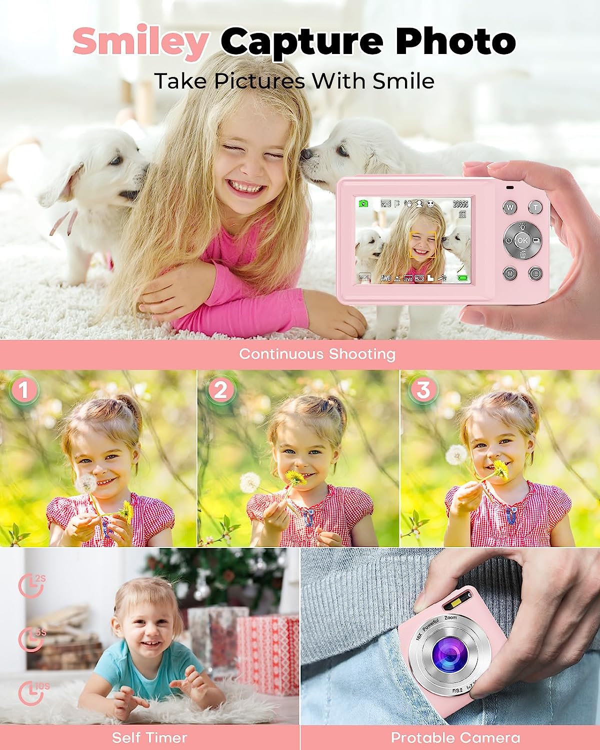 Digital Kids Camera with 32GB Card, Nsoela FHD 1080P 44MP Compact For Vlogging, Edge and Shoot 16X Zoom, Portable Mini Kids for Teens Students