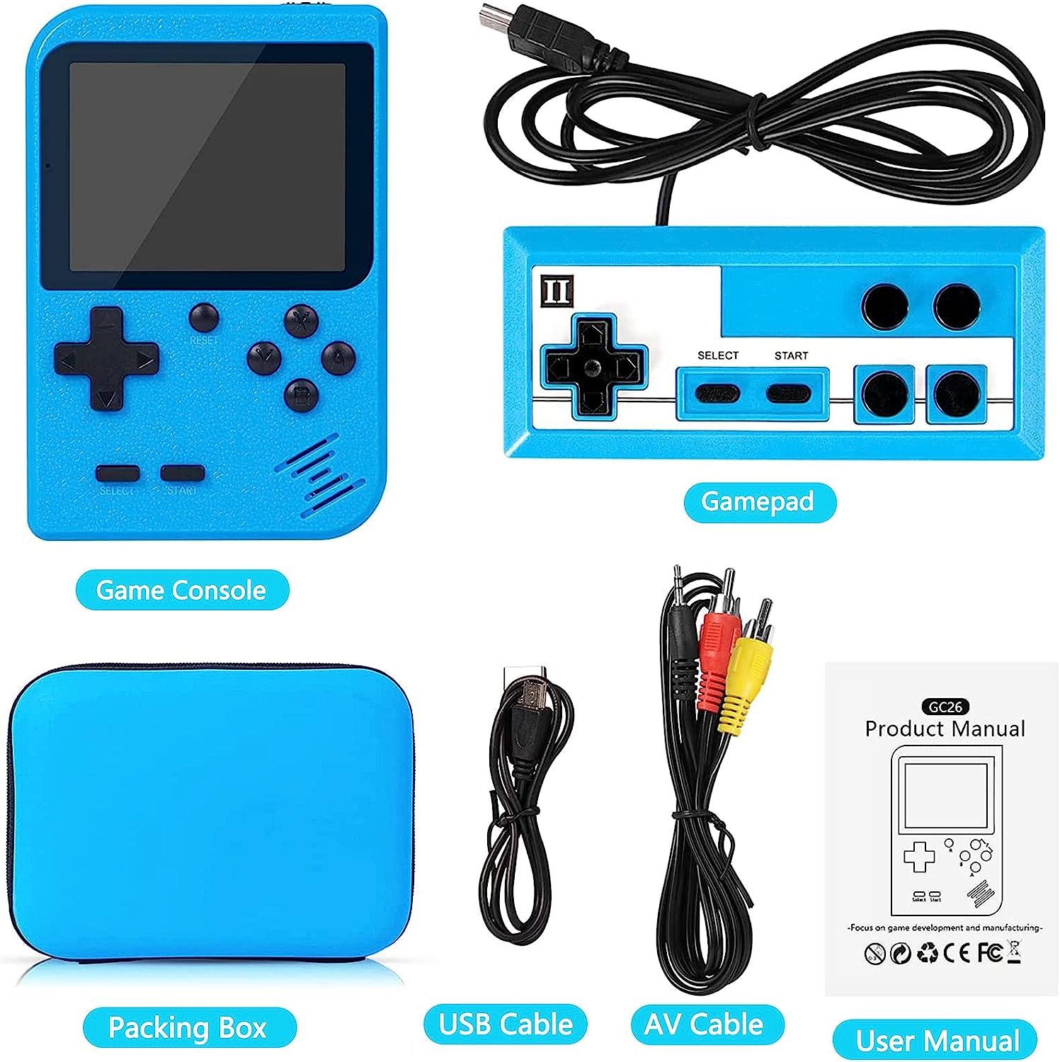 Tlsdosp Retro Handheld Game Console with 400 Classical FC Games-3.0 Inches Screen Portable Video Game Consoles with Protective Shell-Handheld Video Games Support for Connecting TV & Two Players (Blue)