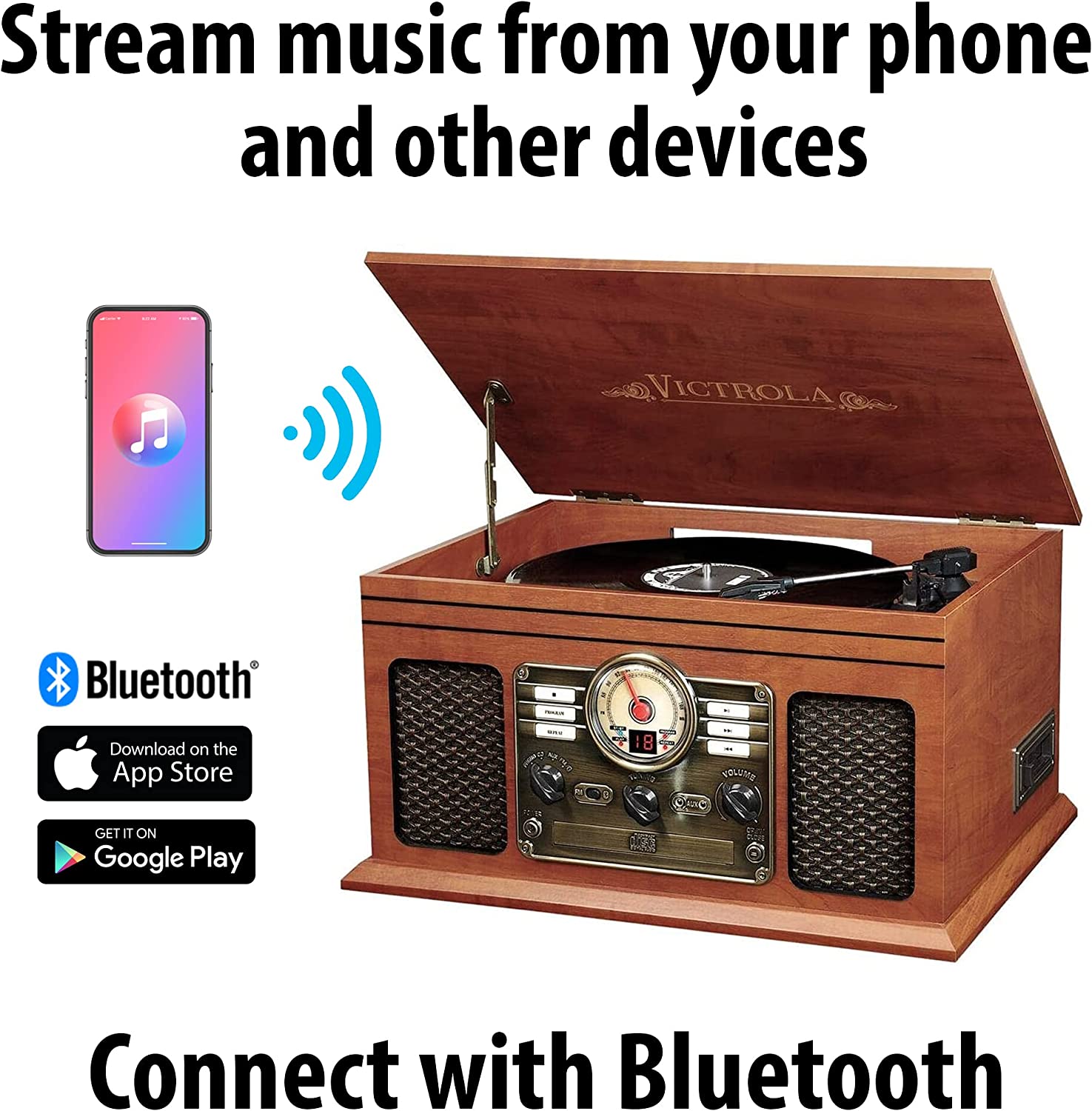 Victrola Nostalgic 6-in-1 Bluetooth Record Player & Multimedia Center with Built-in Speakers - 3-Speed Turntable, CD & Cassette Player, FM Radio | Wireless Music Streaming | Mahogany