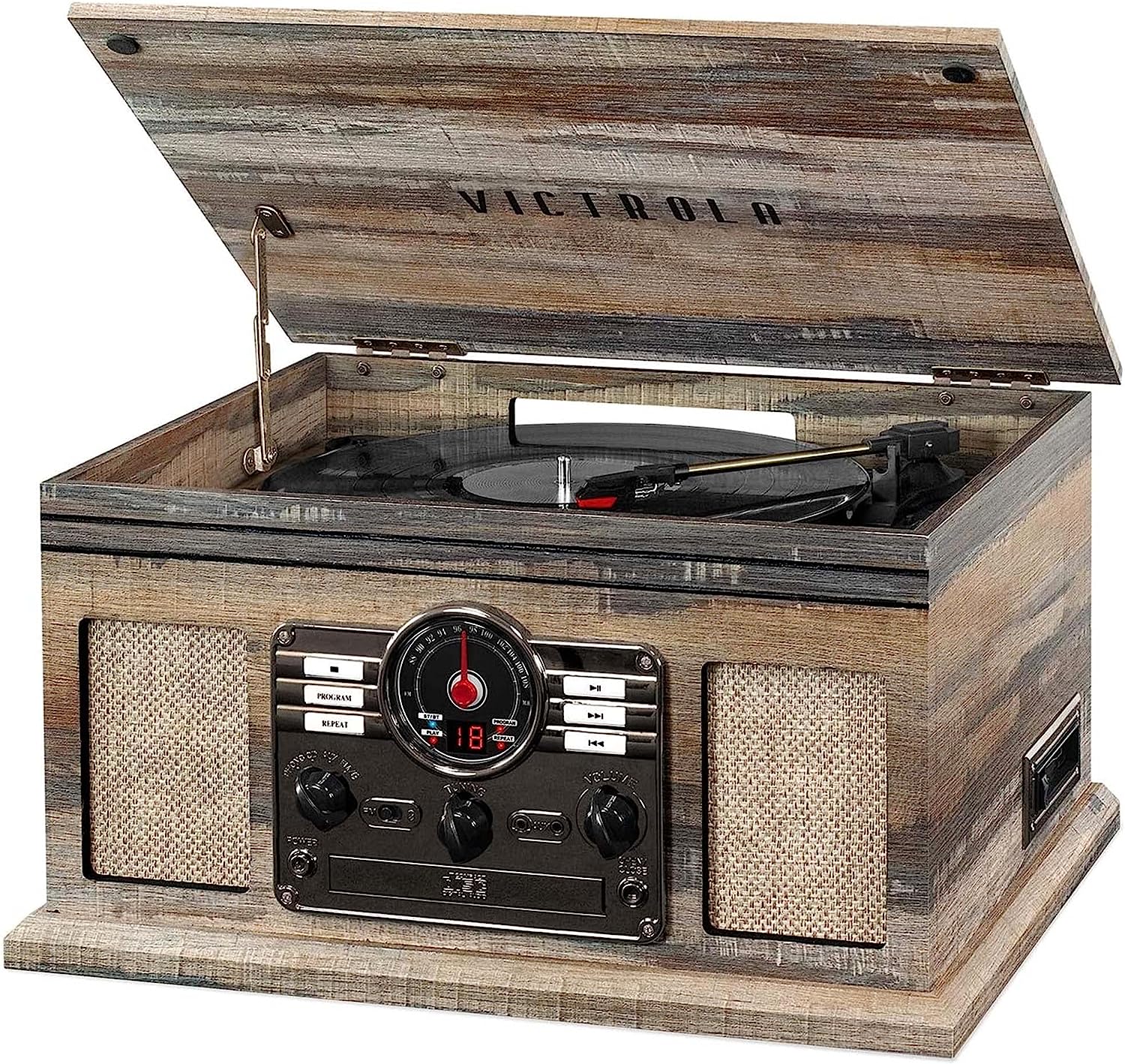 Victrola Nostalgic 6-in-1 Bluetooth Account Player & Multimedia Center with Built-in Speakers - 3-Speed Turntable, CD & Cassette Player, FM Radio | Wireless Music Streaming | Mahogany