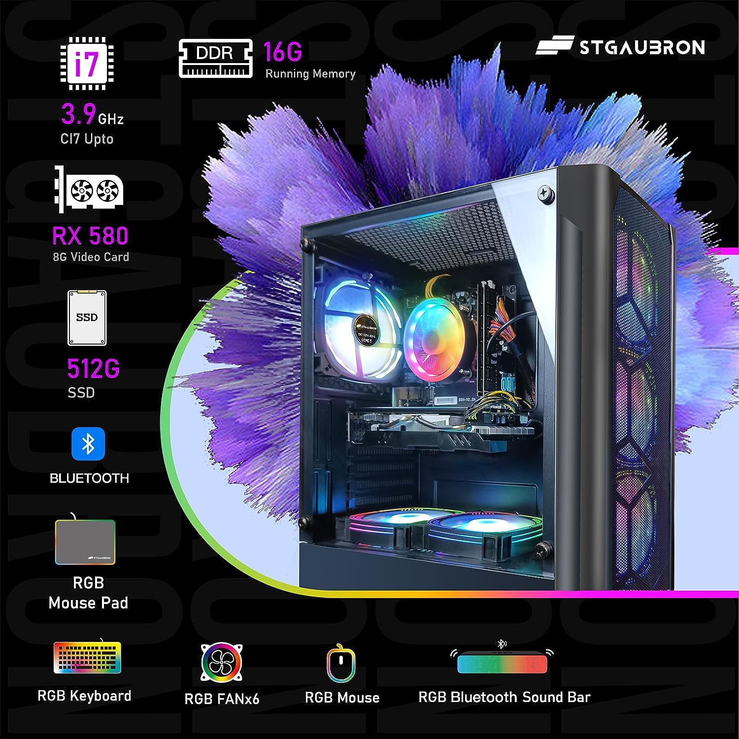 STGAubron Gaming Desktop PC Computer,Intel Core I7 3.4 GHz up to 3.9 GHz,Radeon RX 580 8G GDDR5,16G RAM,512G SSD,WiFi,Bluetooth 5.0,RGB Fanx6,RGB Keyboard&Mouse&Mouse Pad,RGB BT Sound Bar,W10H64