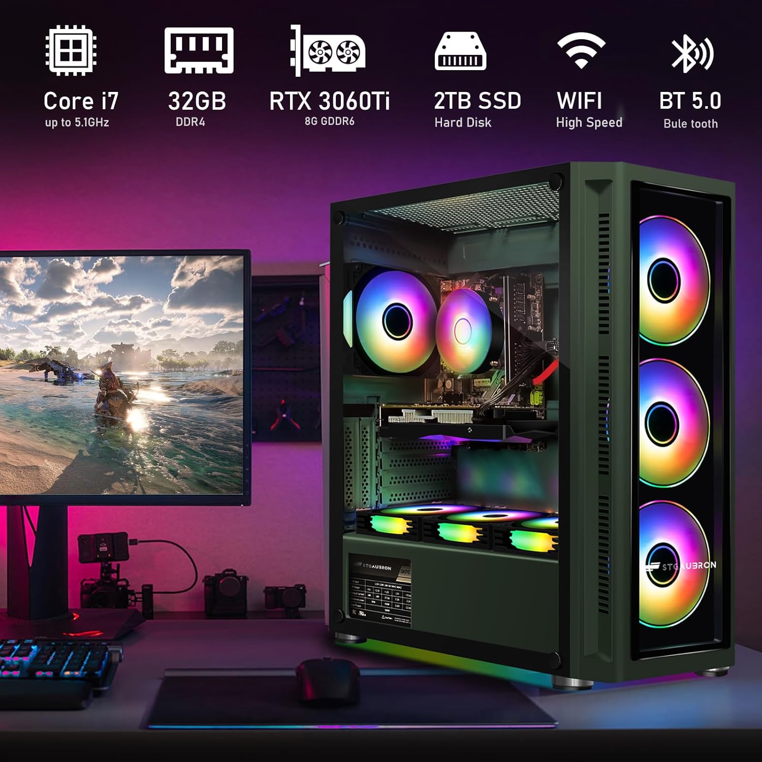 STGAubron Gaming Desktop PC Computer,Intel Core I7 3.4 GHz up to 3.9 GHz,Radeon RX 580 8G GDDR5,16G RAM,512G SSD,WiFi,Bluetooth 5.0,RGB Fanx6,RGB Keyboard&Mouse&Mouse Pad,RGB BT Sound Bar,W10H64