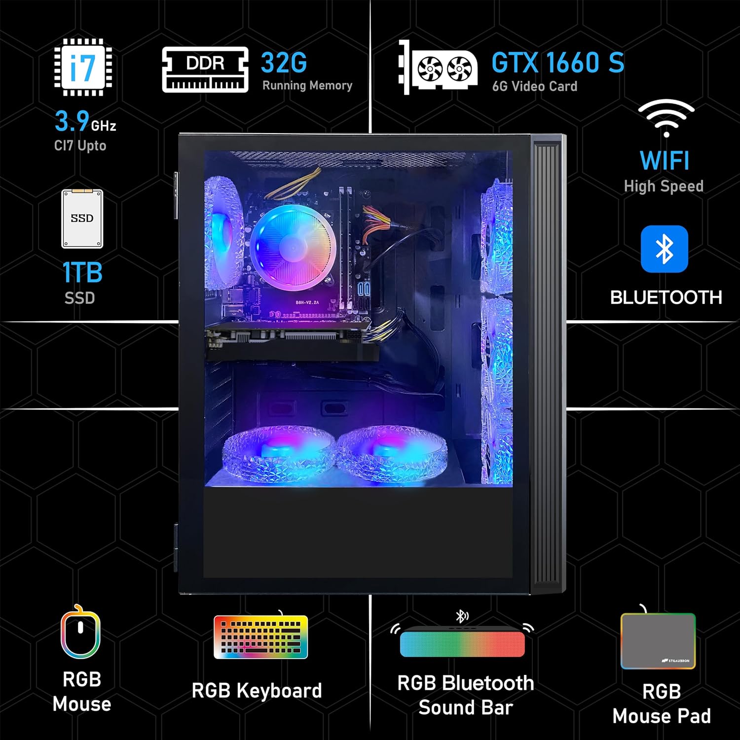 STGAubron Gaming Desktop PC Computer,Intel Core I7 3.4 GHz up to 3.9 GHz,Radeon RX 580 8G GDDR5,16G RAM,512G SSD,WiFi,Bluetooth 5.0,RGB Fanx6,RGB Keyboard&Mouse&Mouse Pad,RGB BT Sound Bar,W10H64