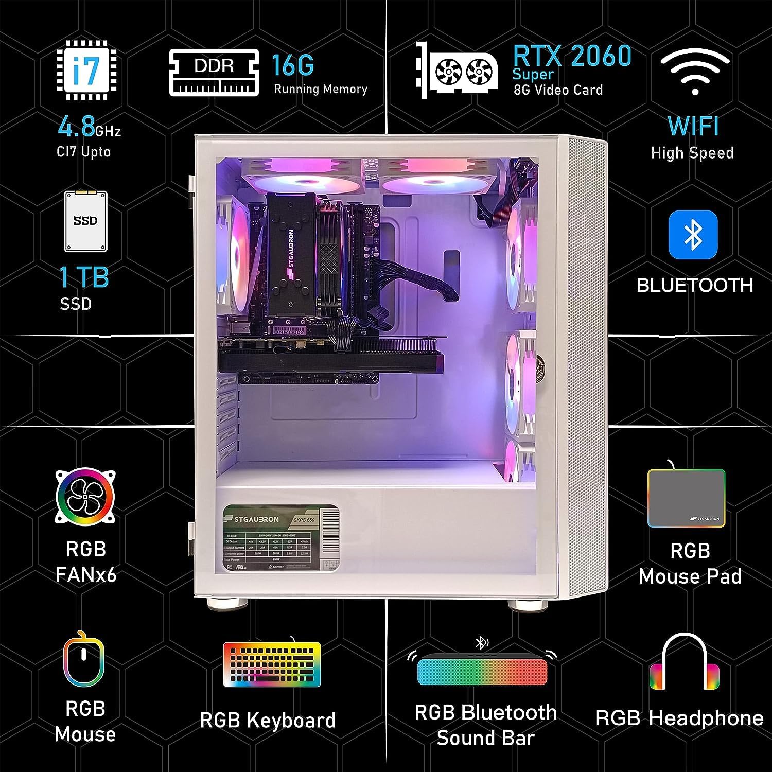 STGAubron Gaming Desktop PC Computer,Intel Core I7 3.4 GHz up to 3.9 GHz,Radeon RX 580 8G GDDR5,16G RAM,512G SSD,WiFi,Bluetooth 5.0,RGB Fanx6,RGB Keyboard&Mouse&Mouse Pad,RGB BT Sound Bar,W10H64