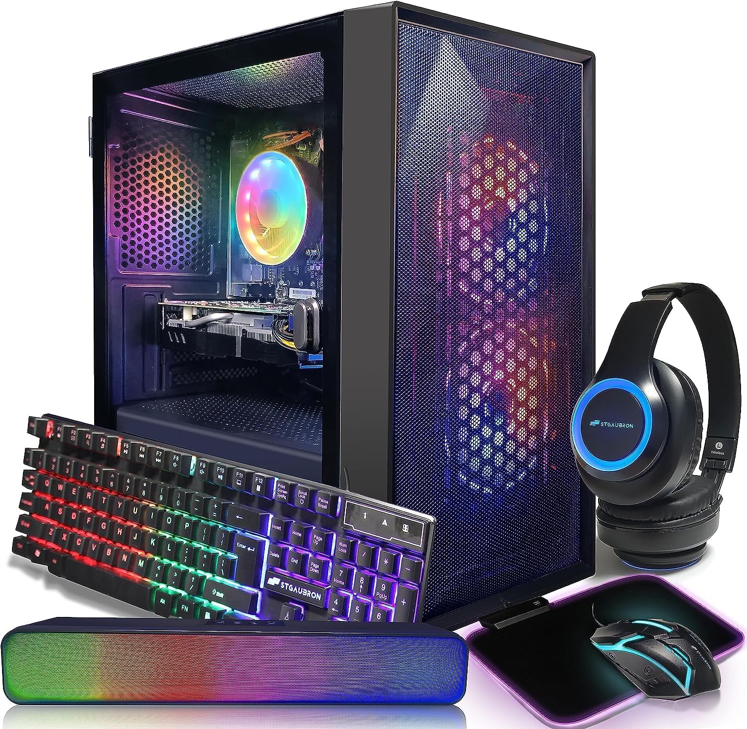 STGAubron Gaming Desktop PC Computer,Intel Core I7 3.4 GHz up to 3.9 GHz,Radeon RX 580 8G GDDR5,16G RAM,512G SSD,WiFi,Bluetooth 5.0,RGB Fanx6,RGB Keyboard&Mouse&Mouse Pad,RGB BT Sound Bar,W10H64