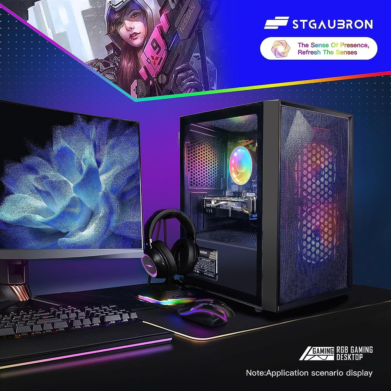 STGAubron Gaming Desktop PC Computer,Intel Core I7 3.4 GHz up to 3.9 GHz,Radeon RX 580 8G GDDR5,16G RAM,512G SSD,WiFi,Bluetooth 5.0,RGB Fanx6,RGB Keyboard&Mouse&Mouse Pad,RGB BT Sound Bar,W10H64