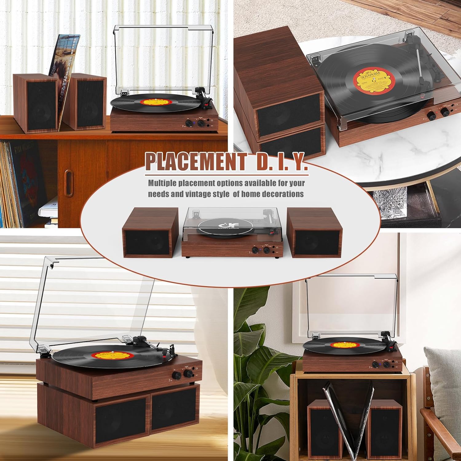 Vinyl Record Player with External Speakers, Wireless Bluetooth Playback 3 Speed Vintage Belt-Driven Turntable with Speakers, MP3 PC Encoding, RCA and Headphone Out, White