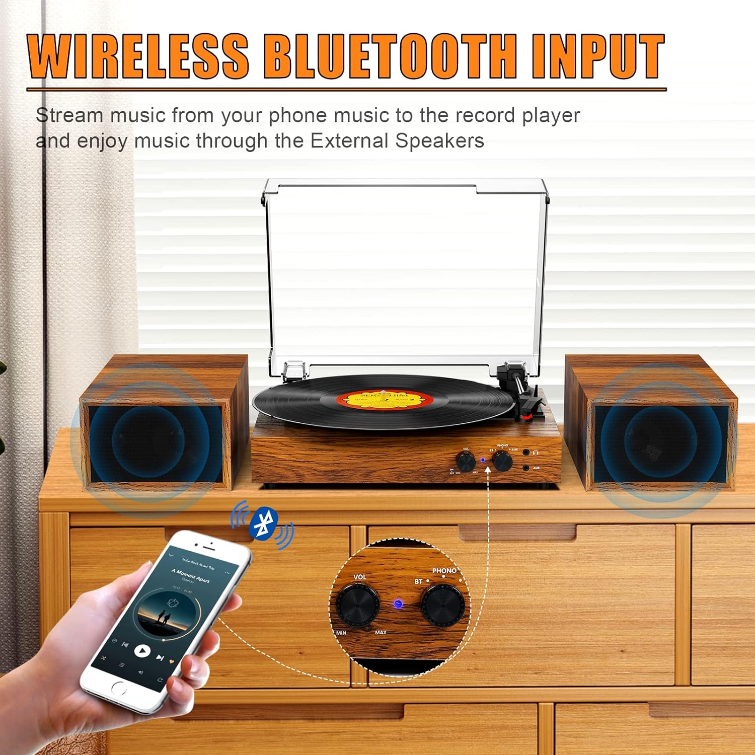 Vinyl Record Player with External Speakers, Wireless Bluetooth Playback 3 Speed Vintage Belt-Driven Turntable with Speakers, MP3 PC Encoding, RCA and Headphone Out, White