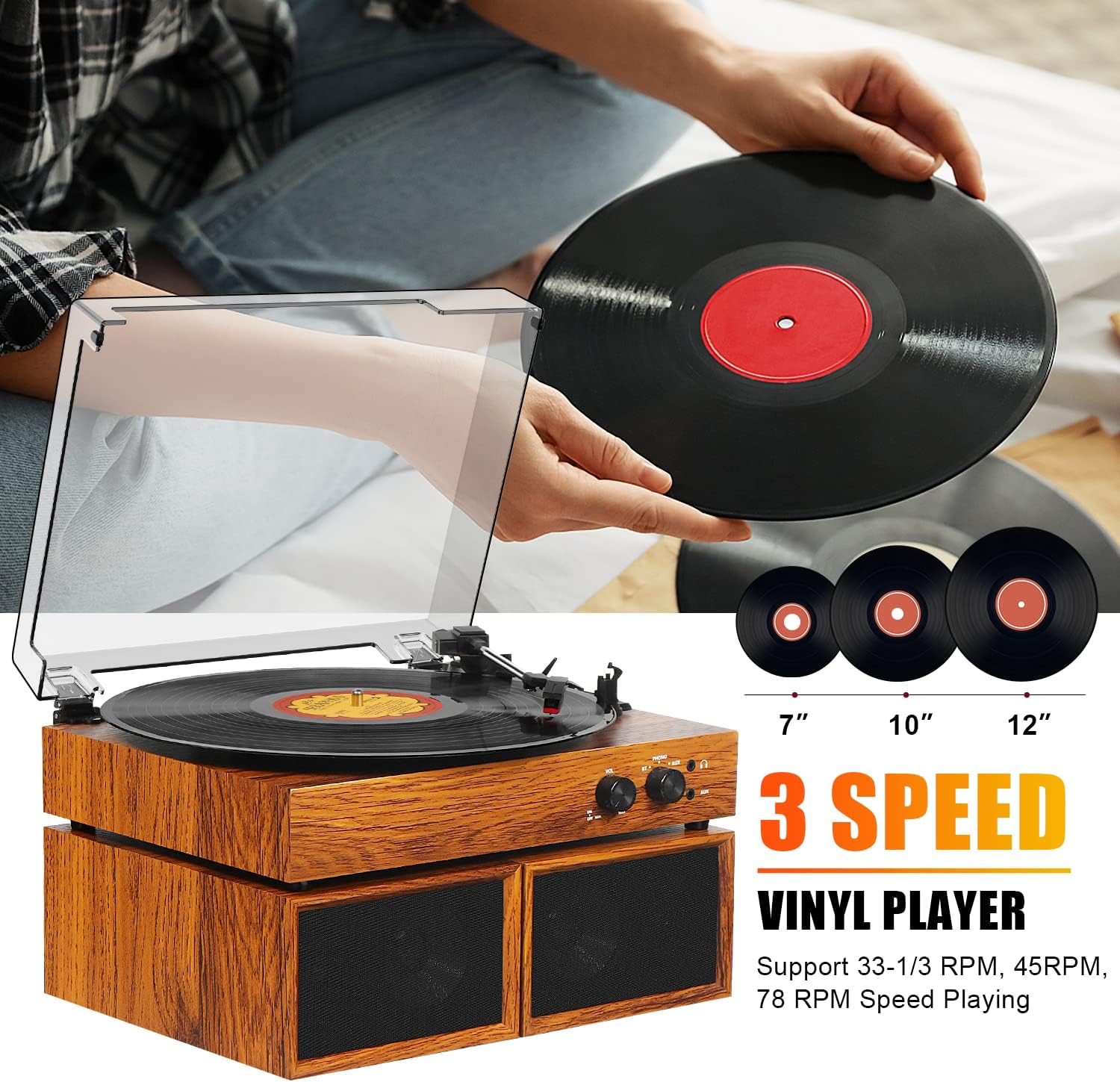 Vinyl Record Player with External Speakers, Wireless Bluetooth Playback 3 Speed Vintage Belt-Driven Turntable with Speakers, MP3 PC Encoding, RCA and Headphone Out, White