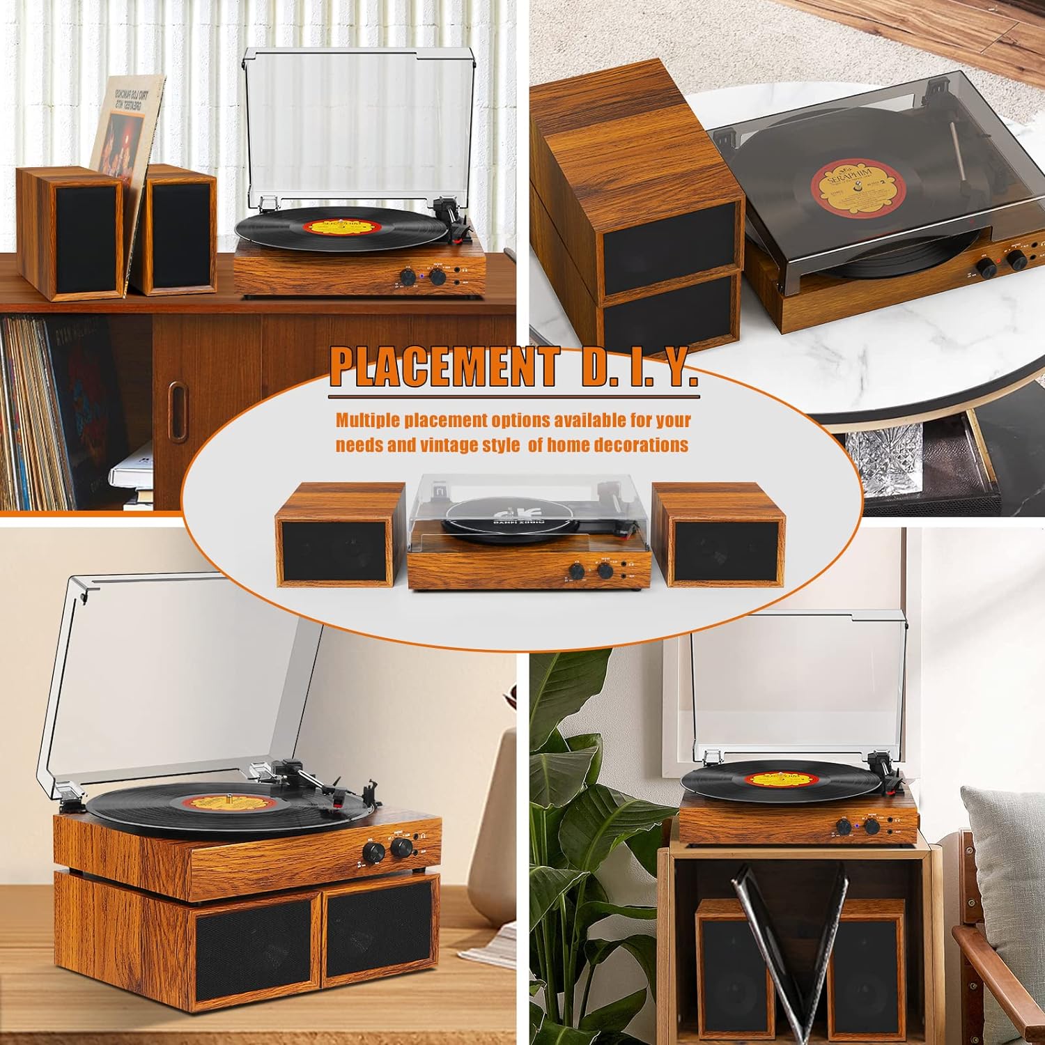 Vinyl Record Player with External Speakers, Wireless Bluetooth Playback 3 Speed Vintage Belt-Driven Turntable with Speakers, MP3 PC Encoding, RCA and Headphone Out, White