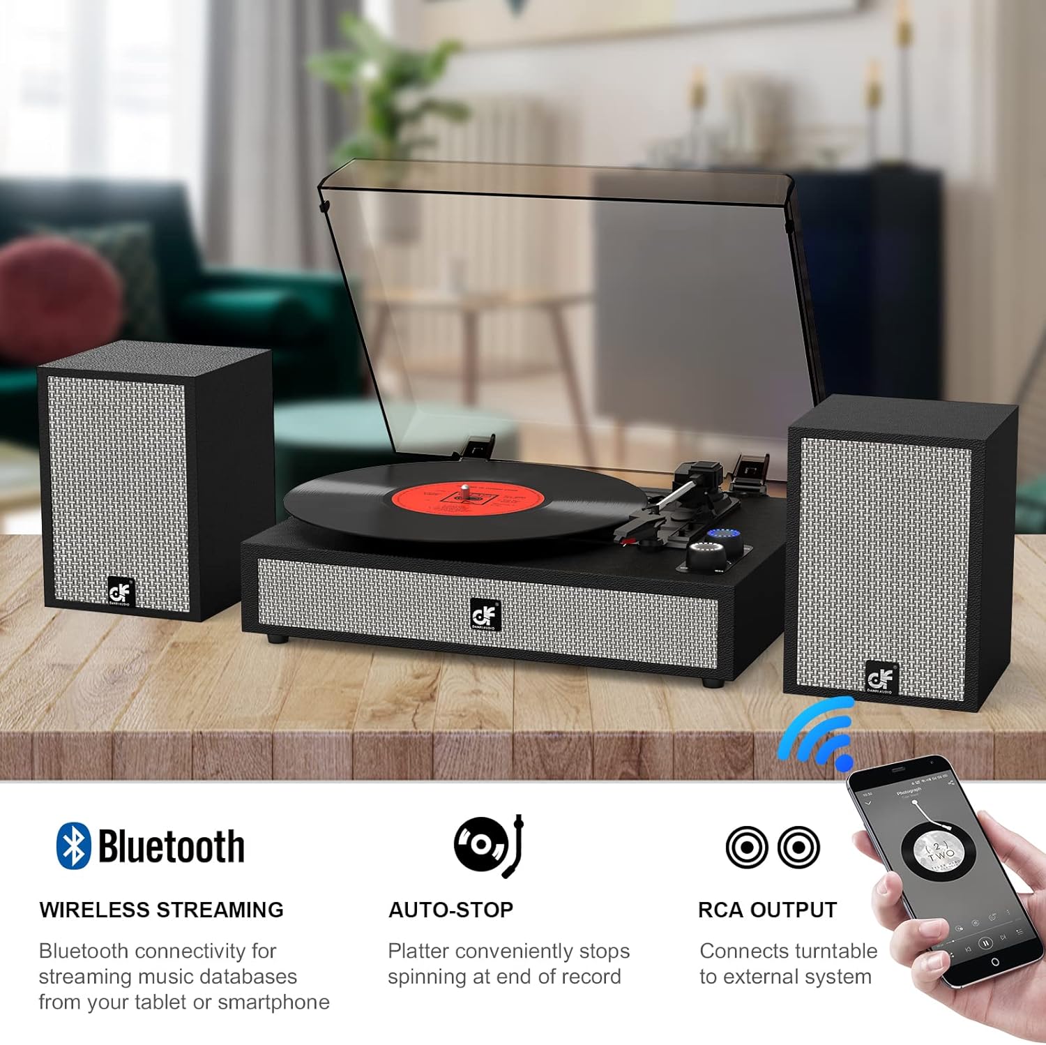 Vinyl Record Player with External Speakers, Wireless Bluetooth Playback 3 Speed Vintage Belt-Driven Turntable with Speakers, MP3 PC Encoding, RCA and Headphone Out, White