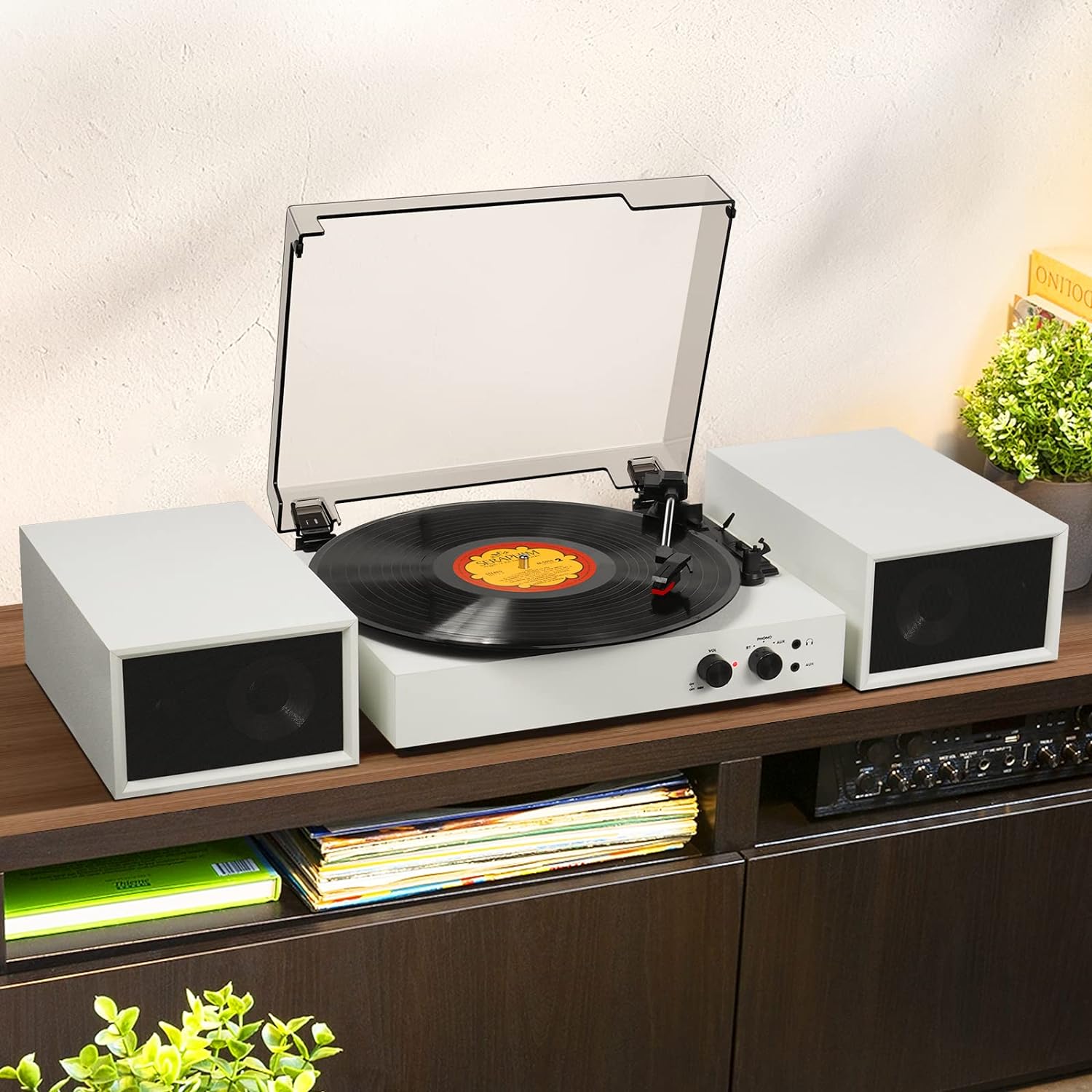 Vinyl Record Player with External Speakers, Wireless Bluetooth Playback 3 Speed Vintage Belt-Driven Turntable with Speakers, MP3 PC Encoding, RCA and Headphone Out, White