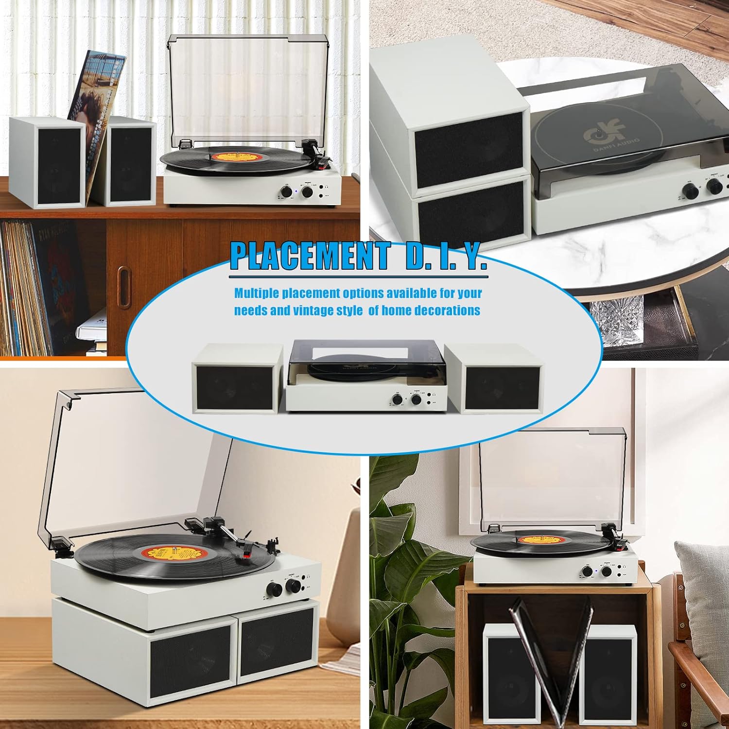 Vinyl Record Player with External Speakers, Wireless Bluetooth Playback 3 Speed Vintage Belt-Driven Turntable with Speakers, MP3 PC Encoding, RCA and Headphone Out, White