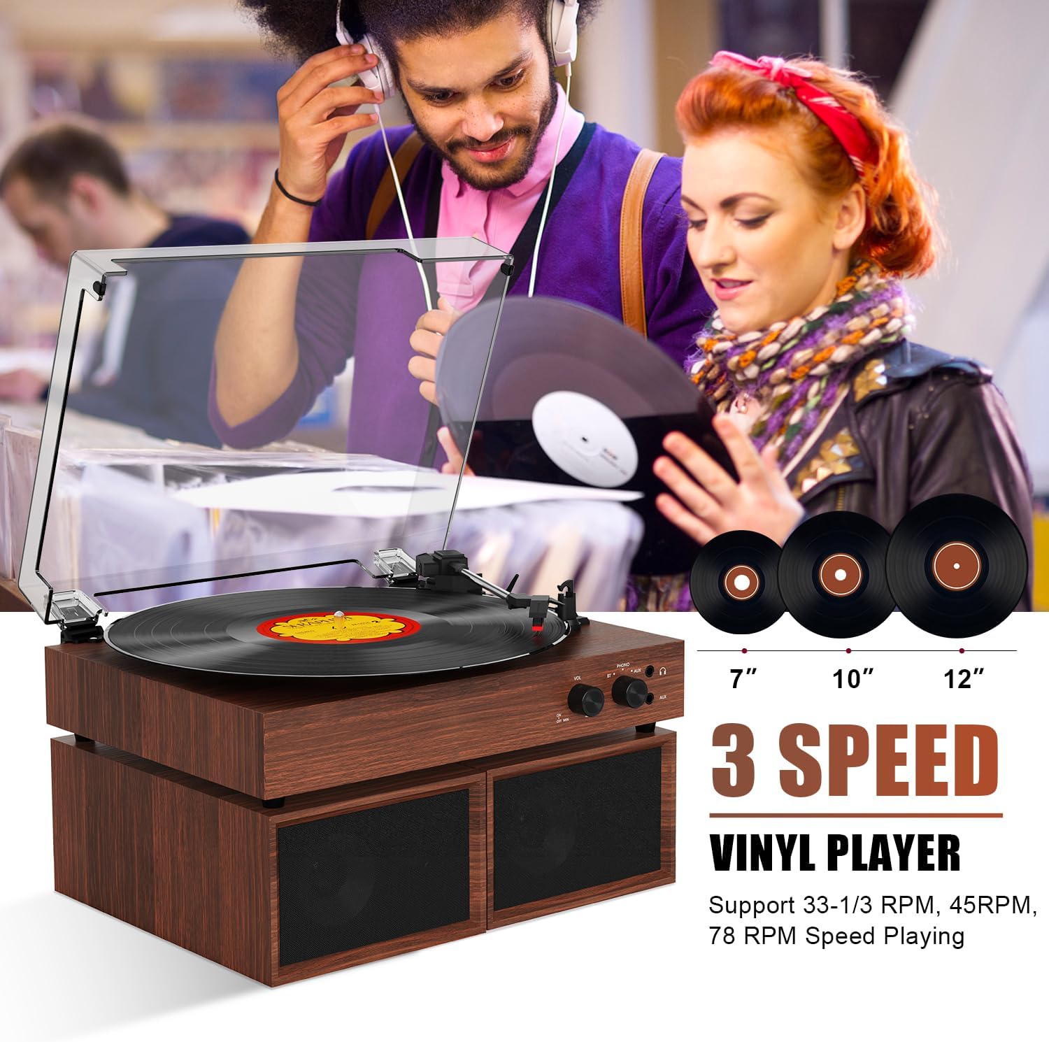 Vinyl Record Player with External Speakers, Wireless Bluetooth Playback 3 Speed Vintage Belt-Driven Turntable with Speakers, MP3 PC Encoding, RCA and Headphone Out, White