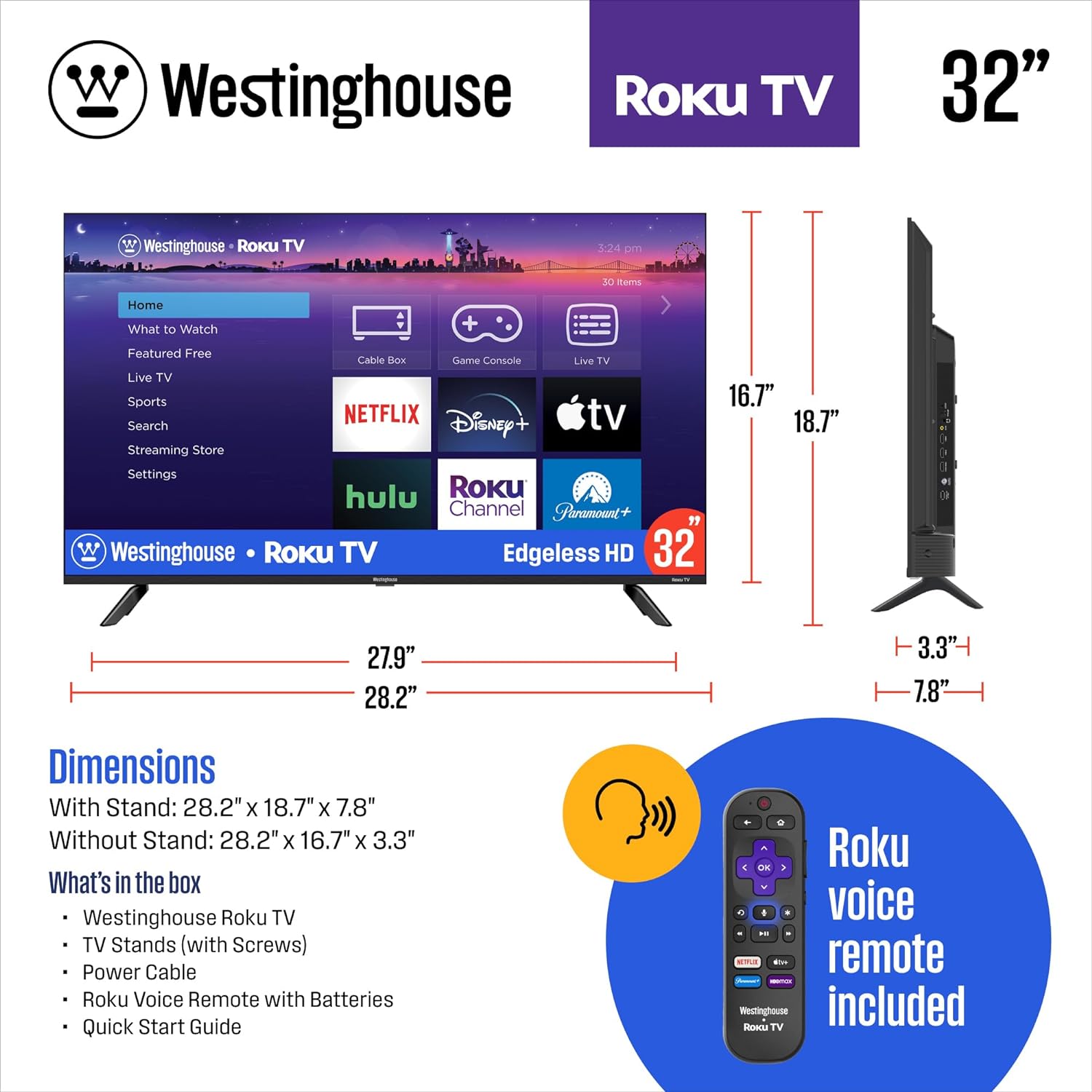 Westinghouse Roku TV - 32 Inch Smart TV, 720P LED HD TV with Wi-Fi Connectivity and Mobile App, Flat Screen TV Compatible with Apple Home Kit, Alexa and Google Assistant