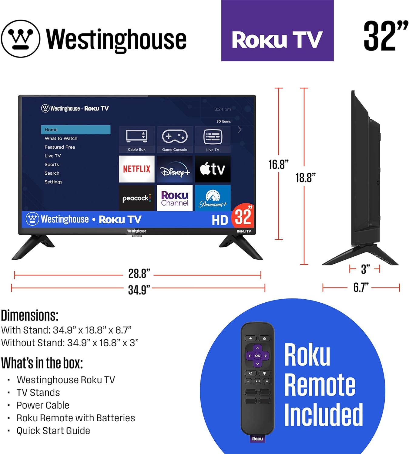 Westinghouse Roku TV - 32 Inch Smart TV, 720P LED HD TV with Wi-Fi Connectivity and Mobile App, Flat Screen TV Compatible with Apple Home Kit, Alexa and Google Assistant