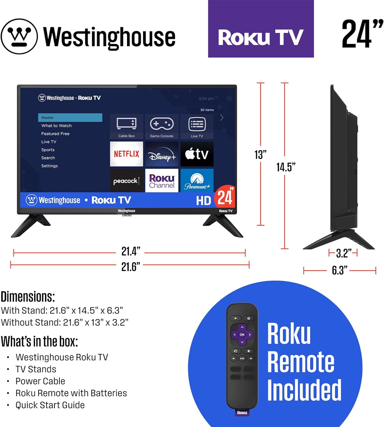 Westinghouse Roku TV - 32 Inch Smart TV, 720P LED HD TV with Wi-Fi Connectivity and Mobile App, Flat Screen TV Compatible with Apple Home Kit, Alexa and Google Assistant