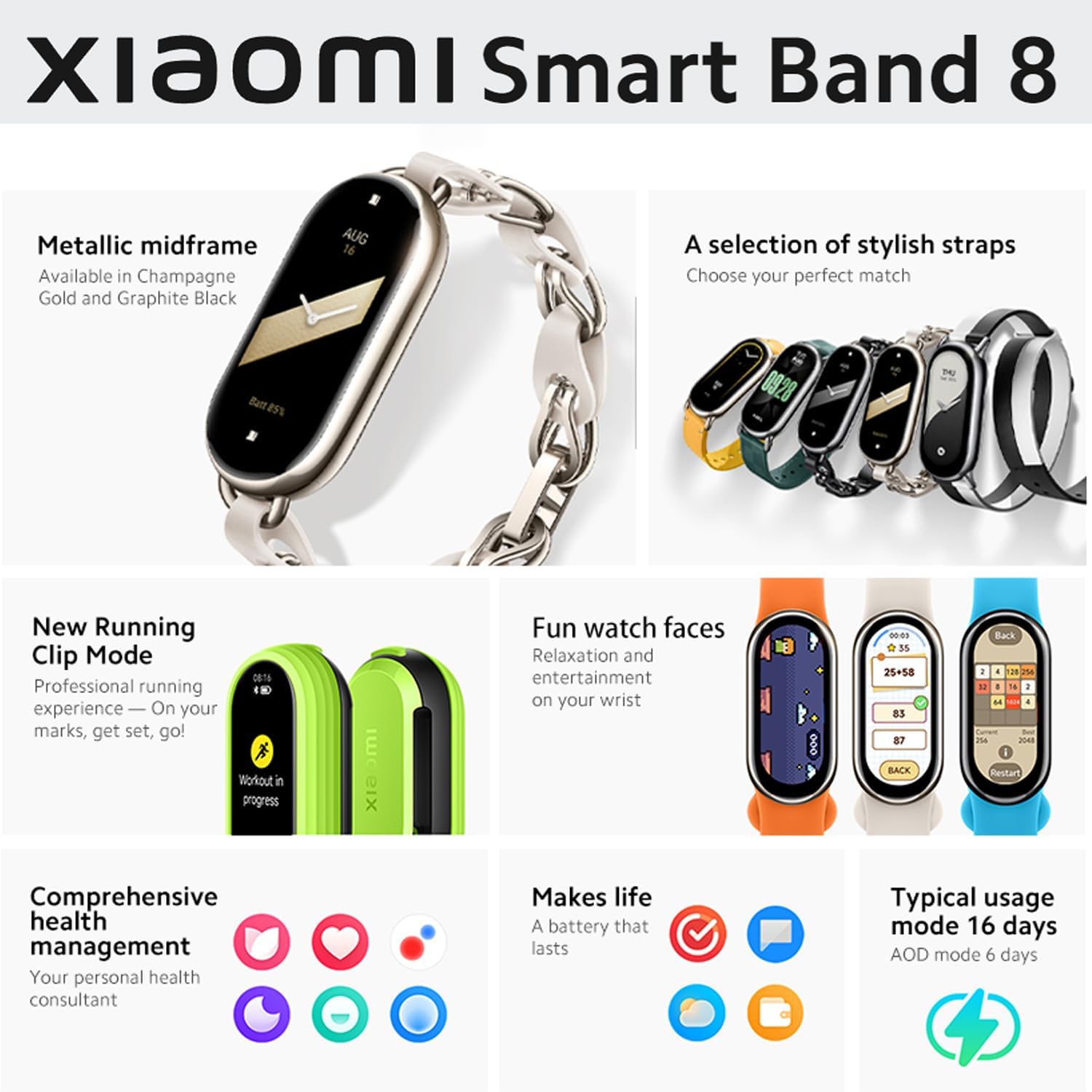 Xiaomi Mi Smart Band 8 (Global Version) Health & Fitness Tracker with 60Hz Refresh Rate 1.62