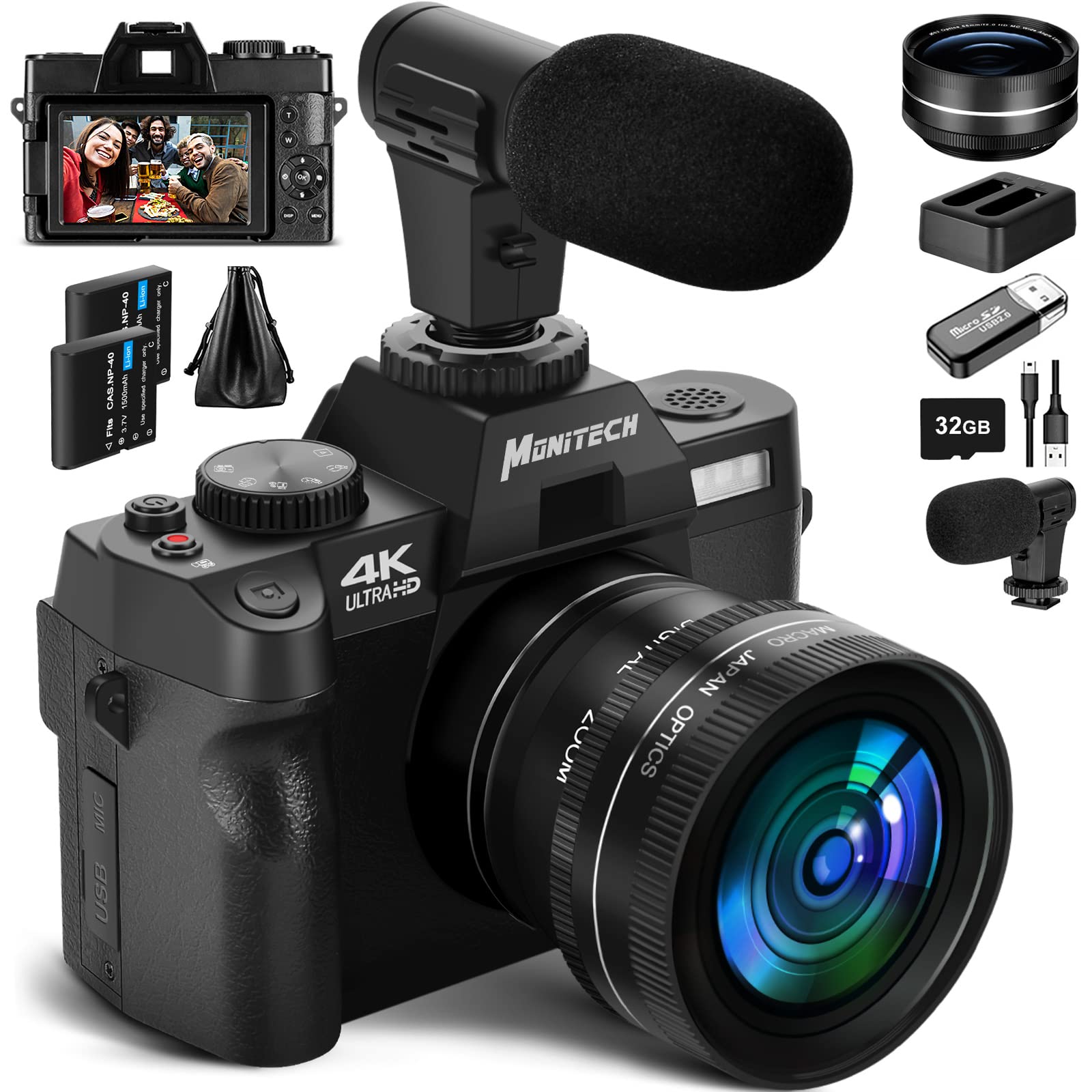 Monitech Digital Camera for Photography 4K, 48MP Vlogging Camera for YouTube and Video,with 180° Flip Screen,16X Digital Zoom,52mm Wide Angle & Macro Lens, 2 Batteries, Autofocus,32GB TF Card