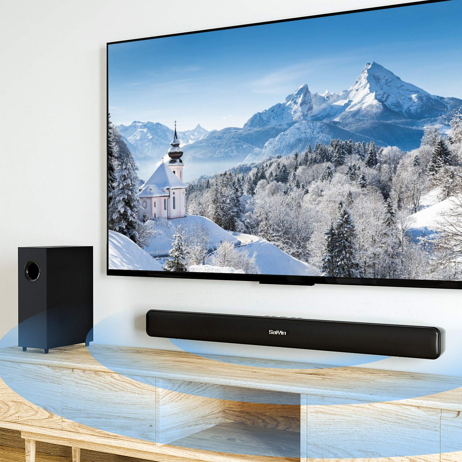 RIOWOIS Sound Bar, Sound Bars for TV, Soundbar, Surround Sound System Home Theater Audio with Wireless Bluetooth 5.0 for PC Gaming, AUX/Opt/Coax Connection, Remote Control Wall Mountable