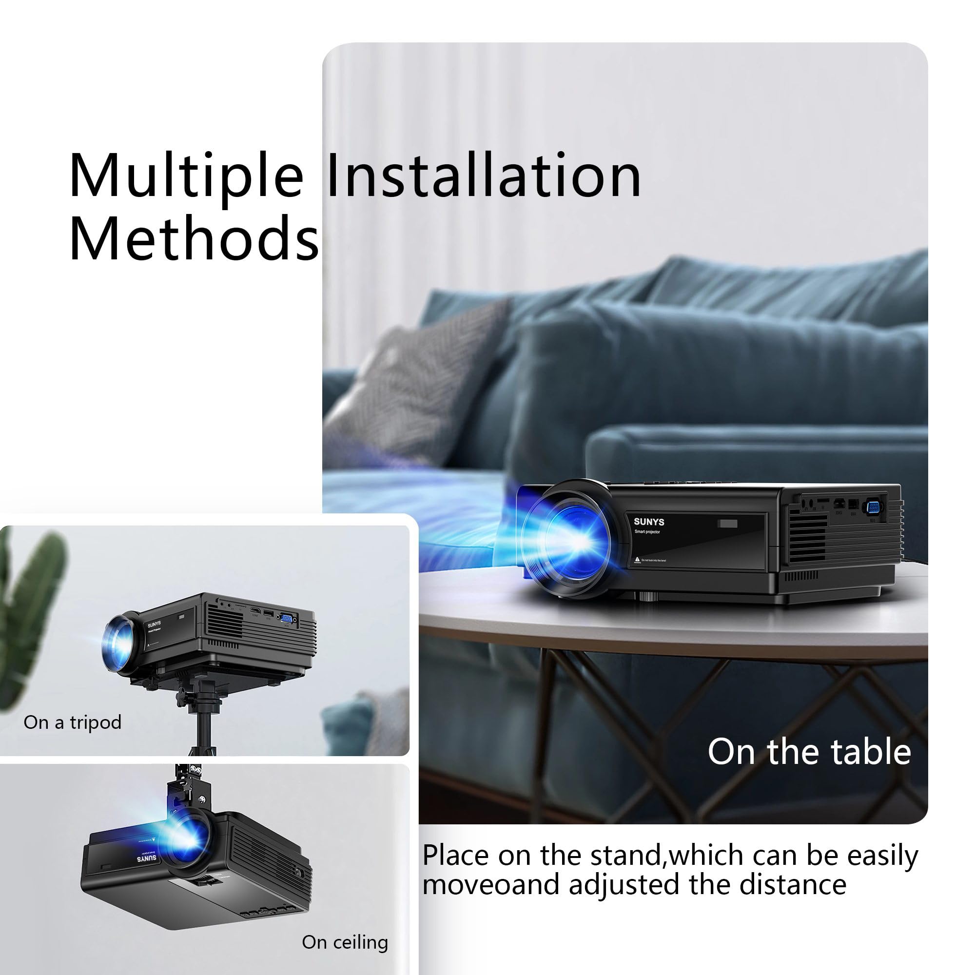 Sunys Projector with WiFi and Bluetooth, 5G WiFi Native 1080P 12000L Home Theater Projector 4K Supported, Phone Projector for iPhone, with Built-in Speaker/HDMI/USB/PC/TV Stick/Switch Supported