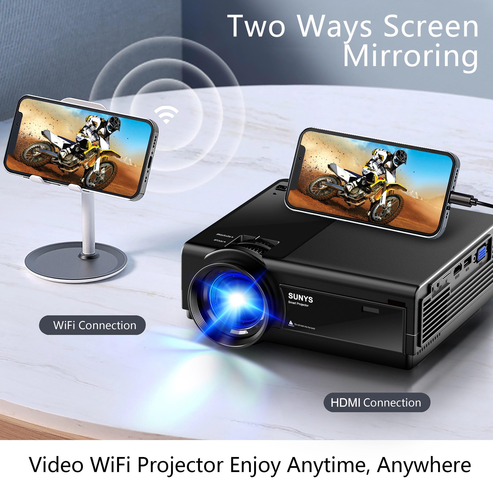 Sunys Projector with WiFi and Bluetooth, 5G WiFi Native 1080P 12000L Home Theater Projector 4K Supported, Phone Projector for iPhone, with Built-in Speaker/HDMI/USB/PC/TV Stick/Switch Supported