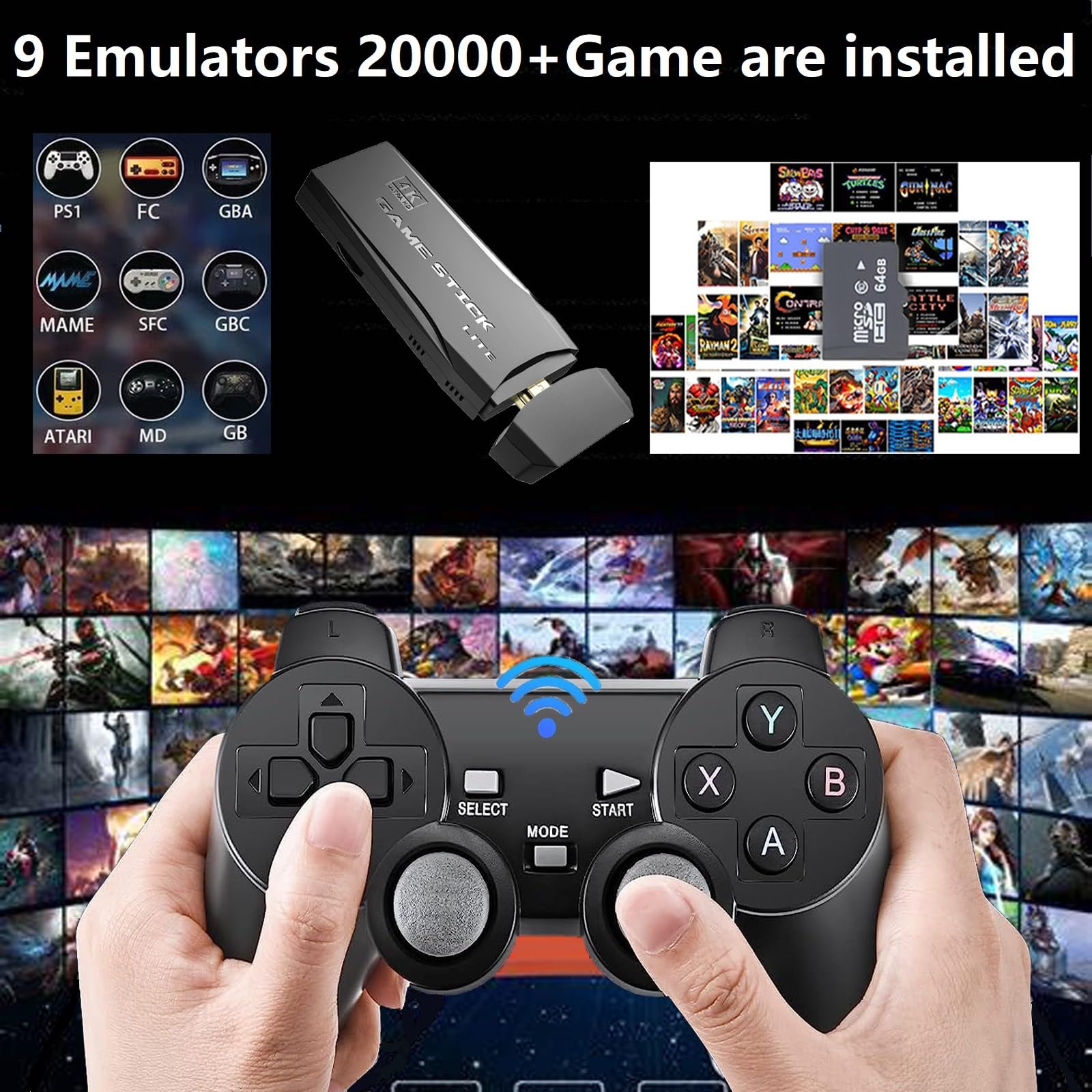 Tochinkar Wireless Retro Gaming Console(64G), Plug & Play Video TV Game Stick with Built-in 9 Emulators, 20,000+ Video Games,4K HDMI Output, Revisit Classic Games with Dual 2.4G Wireless Controllers