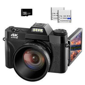 VETEK 4K Digital Cameras for Photography 48MP Vlogging Camera 16X Digital Zoom Manual Focus Rechargeable Students Compact Camera with 52mm Wide-Angle & Macro Lens, 32G TF Card and 2 Batteries W01