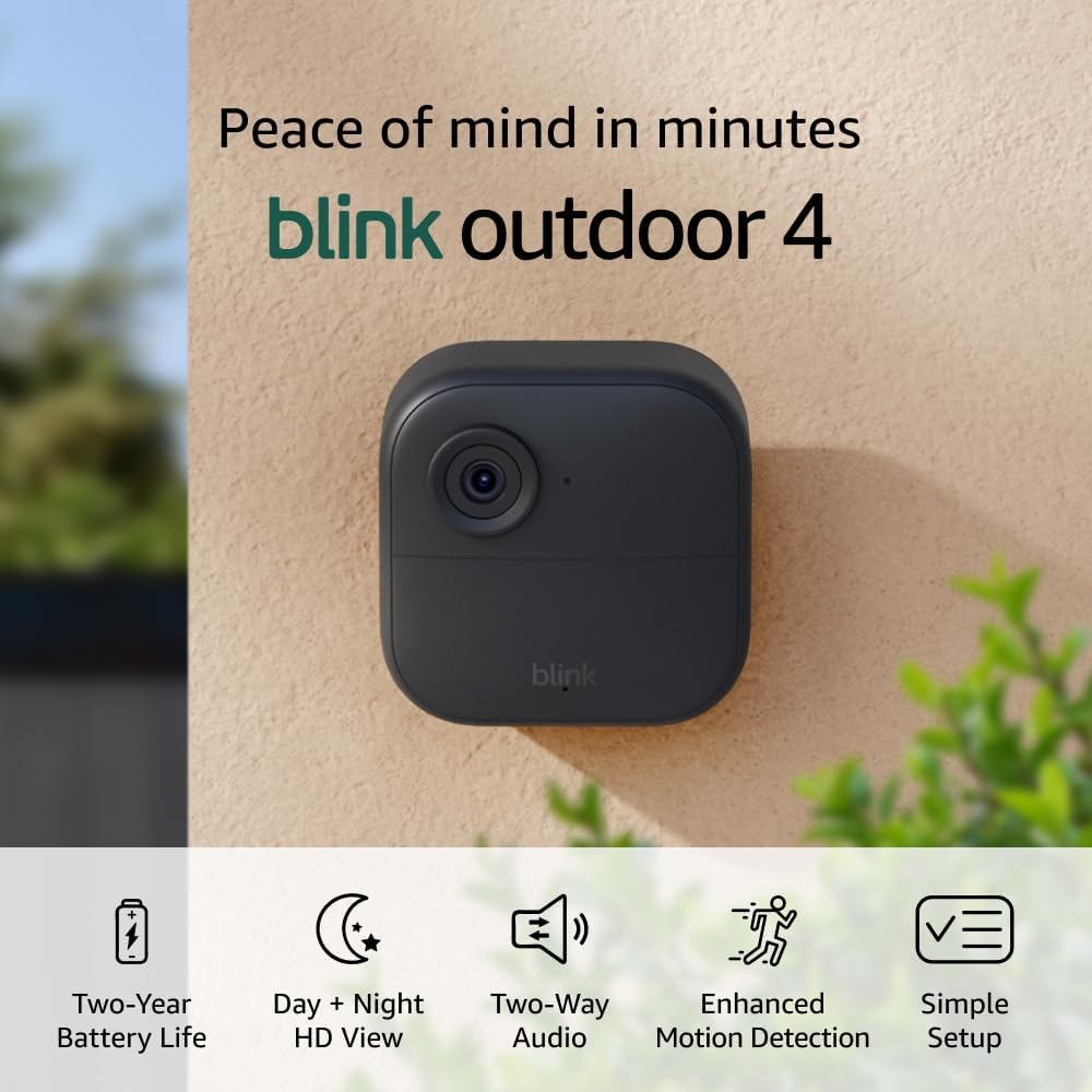 Blink Outdoor 4 + Blink Mini 2 — Smart security cameras, two-way talk, HD live view, motion detection, set up in minutes, Works with Alexa — 3 camera system + Mini 2 (Black)