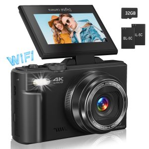 Digital Camera for Photography, 4K Vlogging Camera for YouTube 3″ 180° Flip Screen 18X Digital Zoom Compact Retro Camera with 32GB TF Card & 2 Batteries, Black