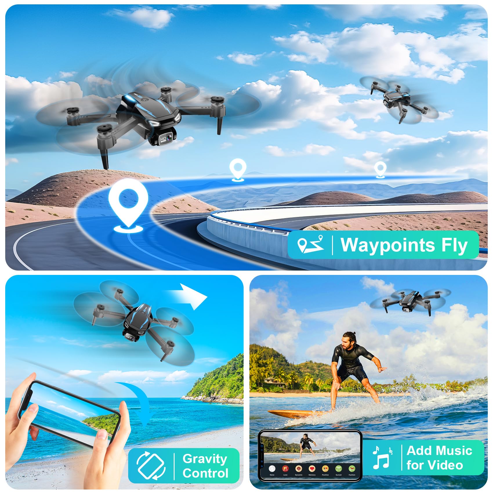 Drone with Camera, 1080P HD FPV Foldable Drone for Kids Adults Beginners, Brushless Motor RC Quadcopter with Stable Hover, Gestures Selfie, Waypoint Fly, 3D Flips, One Key Start, 2 Batteries