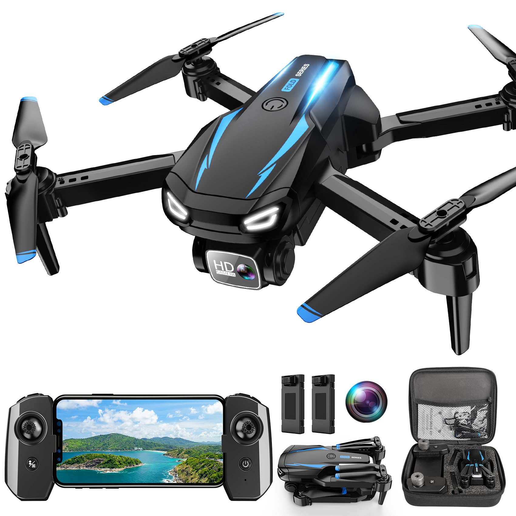 Drone with Camera, 1080P HD FPV Foldable Drone for Kids Adults Beginners, Brushless Motor RC Quadcopter with Stable Hover, Gestures Selfie, Waypoint Fly, 3D Flips, One Key Start, 2 Batteries