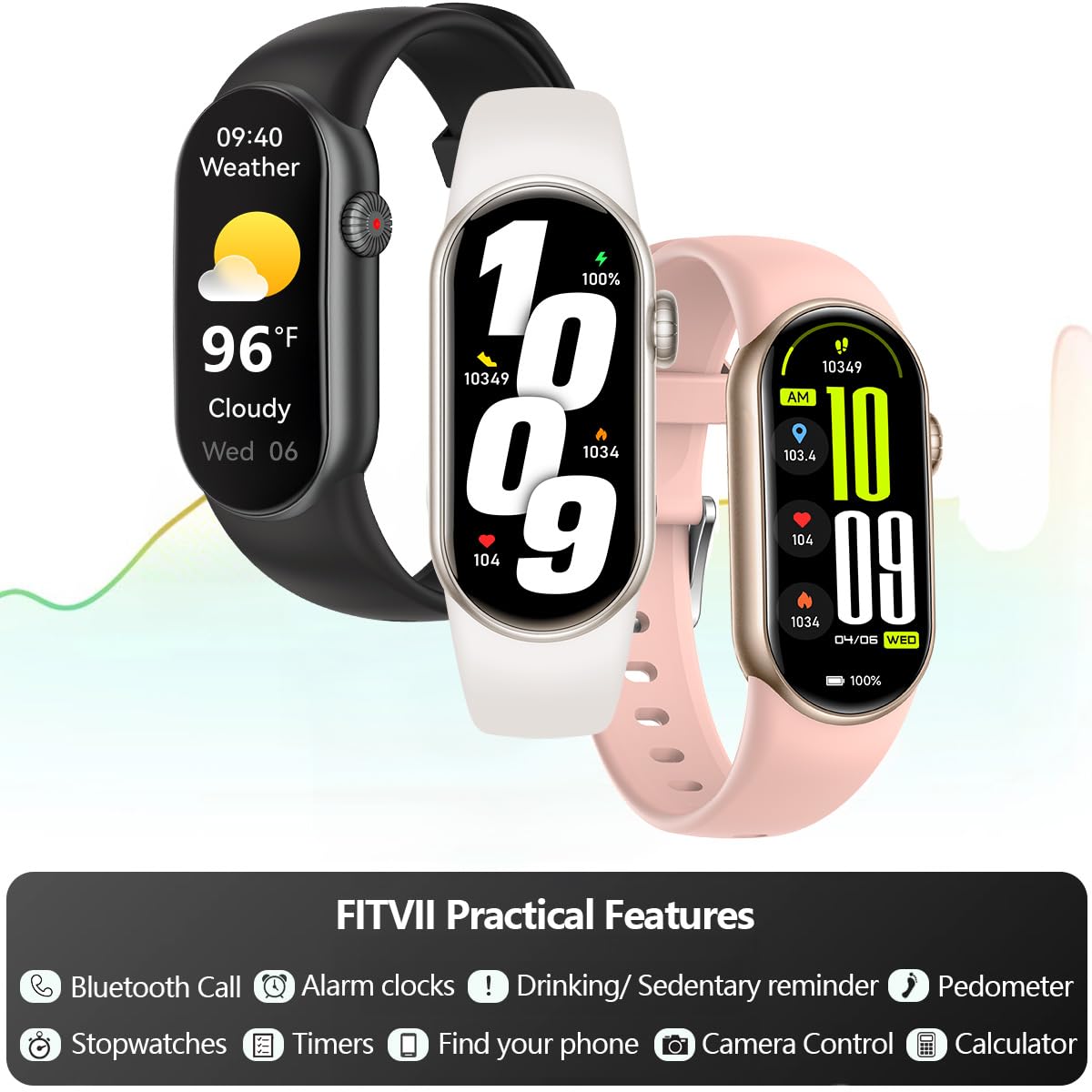 FITVII Ole Fitness Tracker with 24/7 Heart Rate and Blood Pressure Monitor, Blood Oxygen Sleep Tracking Step Calories Counter IP68 Waterproof Activity Tracker for Women Men