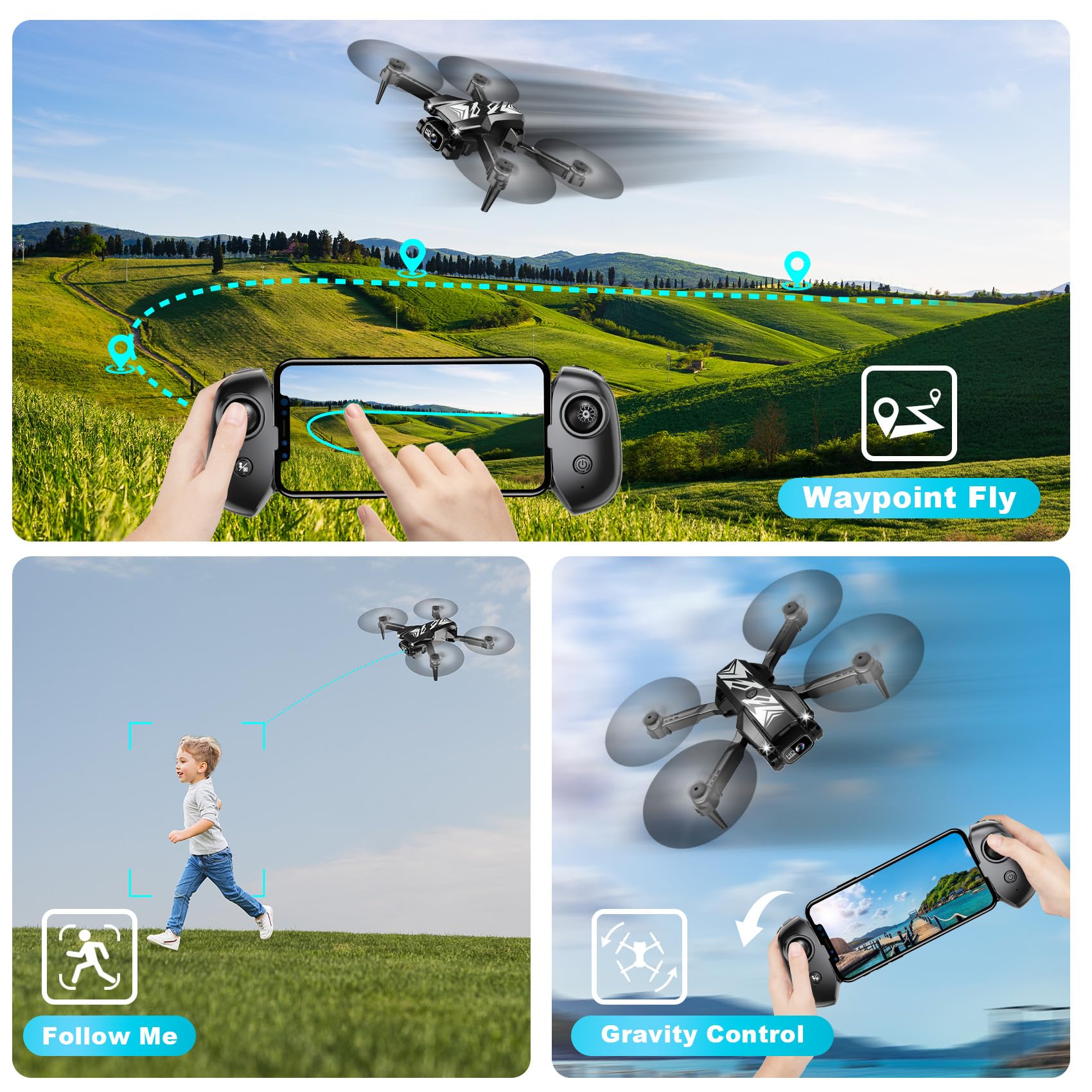 Mini Drone with Camera for Kids Adults-1080P FPV Camera Foldable Drone with Stable Altitude Hold, Gestures Selfie, Waypoint Fly, Auto-Follow, 3D Flip, One Key Start, 3 Speeds, 2 Batteries