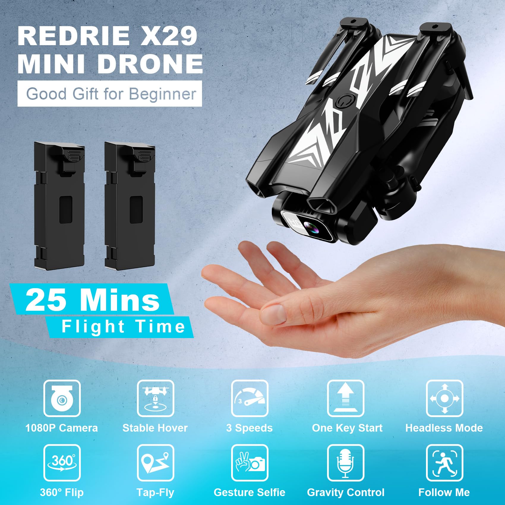 Mini Drone with Camera for Kids Adults-1080P FPV Camera Foldable Drone with Stable Altitude Hold, Gestures Selfie, Waypoint Fly, Auto-Follow, 3D Flip, One Key Start, 3 Speeds, 2 Batteries