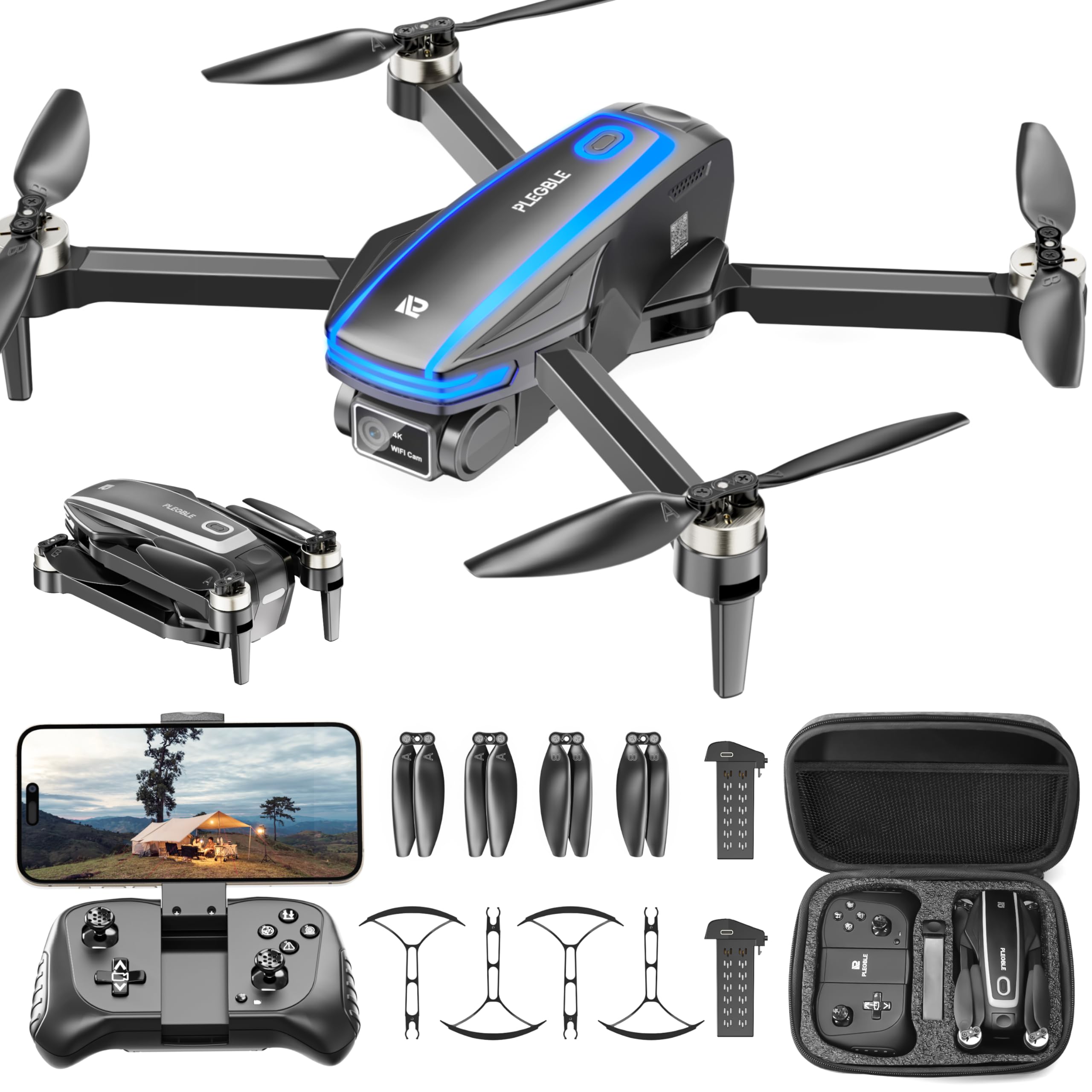 PLEGBLE Drones with Camera for Adults 4K Brushless Motor Drone for Kids Beginners, FPV Foldable RC Quadcopter with Propeller Guards, 2 Batteries, Voice Control, Gesture Photo, Gift Toys for Men Boys