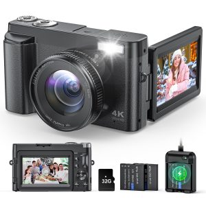 4K Digital Camera for Photography and Video, Autofocus Anti-Shake 48MP Vlogging Camera for YouTube, 3” 180°Flip Screen Camera with Flash 16X Zoom, Digital Camera with 32GB Card Battery Charger Black