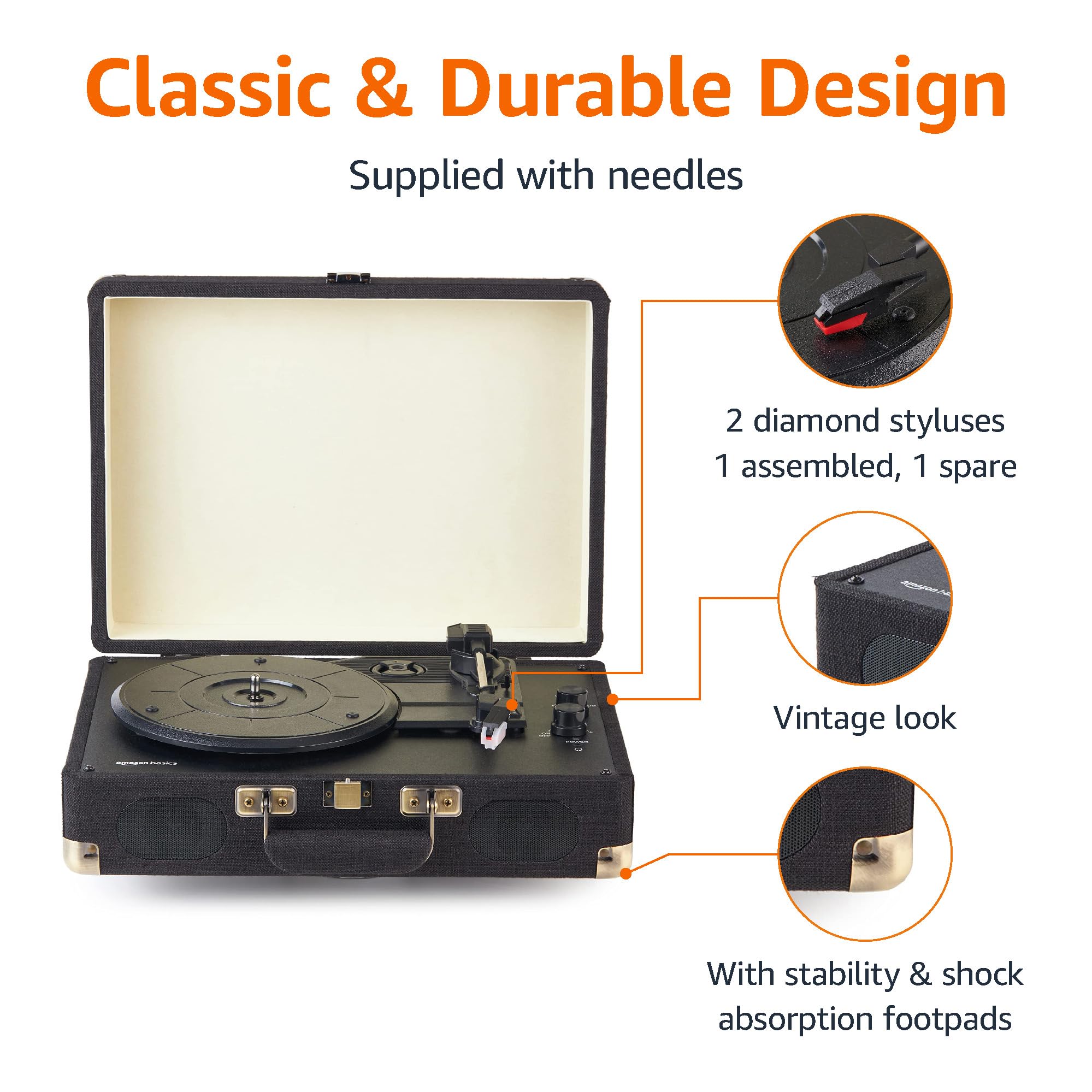 Amazon Basics Portable Suitcase Vinyl Turntable Record Player with Built-in Speakers and Bluetooth, Supports 3-Speed, Black