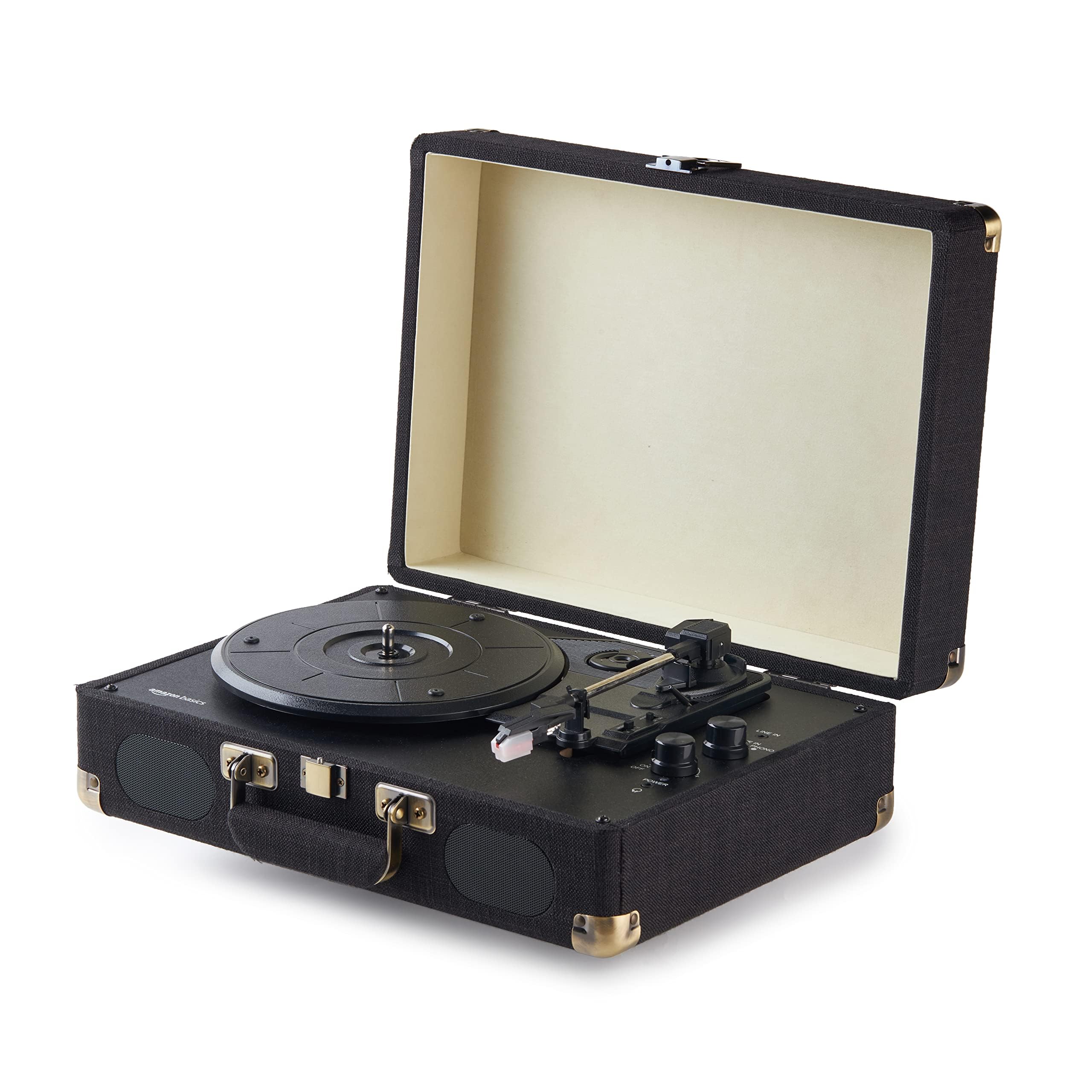 Amazon Basics Portable Suitcase Vinyl Turntable Record Player with Built-in Speakers and Bluetooth, Supports 3-Speed, Black