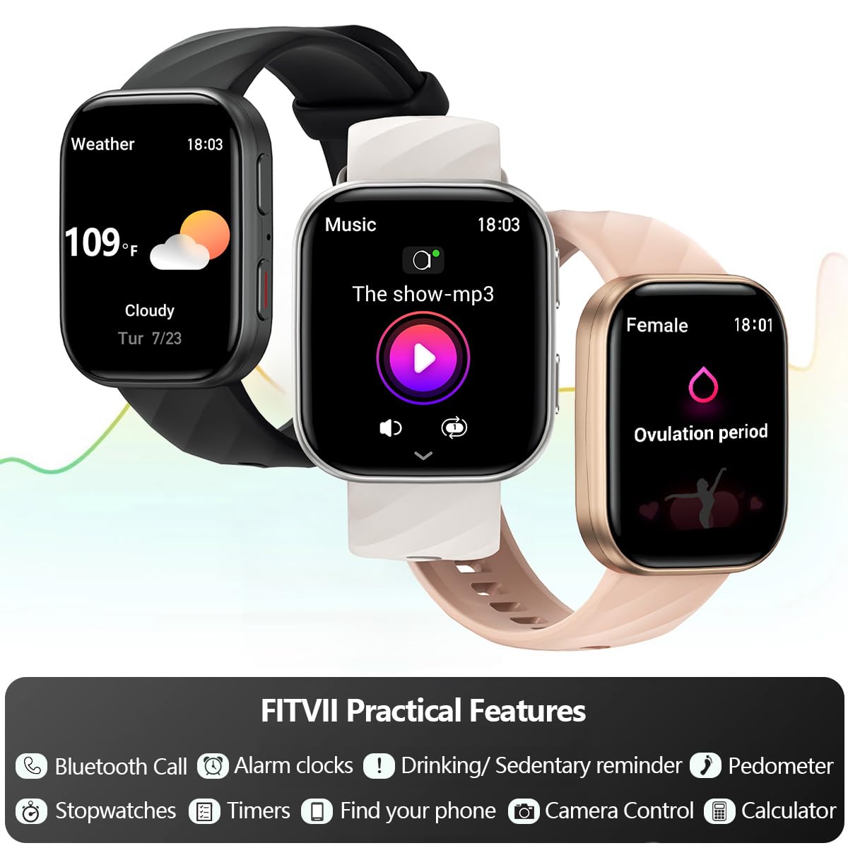 FITVII Health & Fitness Tracker 2024 (Answer/Make Calls), Smart Watch with 24/7 Heart Rate and Blood Pressure, Sleep Tracking, Blood Oxygen Monitor, 120+ Sport Mode Activity Tracker