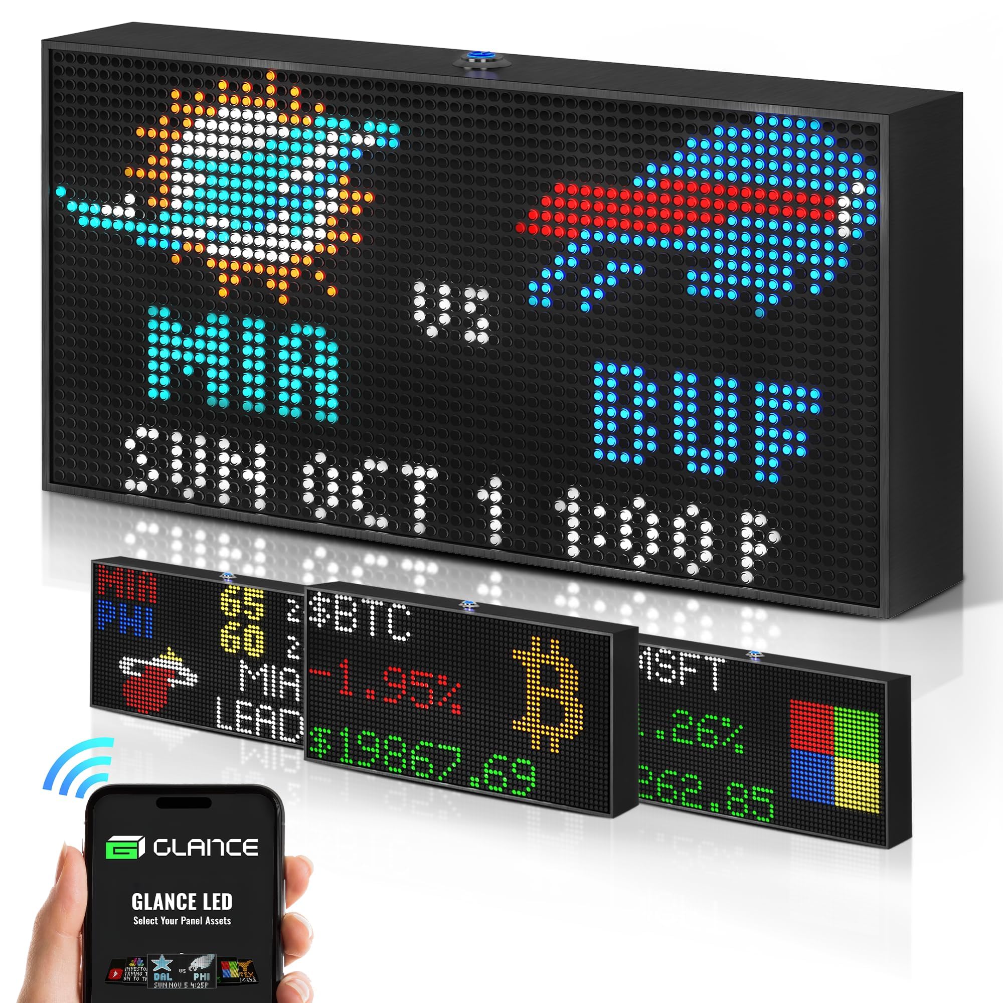 PANELFI Glance LED Ticker - Customizable LED Display Sports Ticker, LED Display for Man Cave, Stock Market Ticker Display, Sports Score Retro Smart Pixel Display, Weather Display - 8