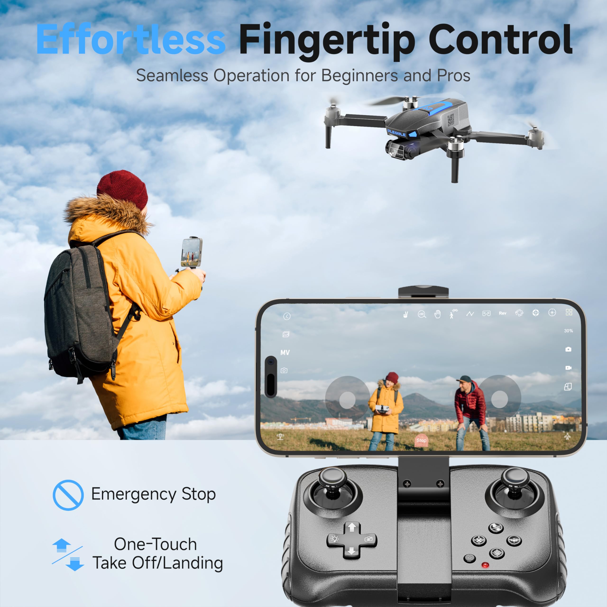 PLEGBLE Drones with Camera for Adults 4K, Brushless Motor Drone for Kids Beginners, FPV Foldable RC Quadcopter with 3 Batteries, 45 Mins Long Flight Time, Beyond-Range Loss Alert, Toys Gifts for Men Boys