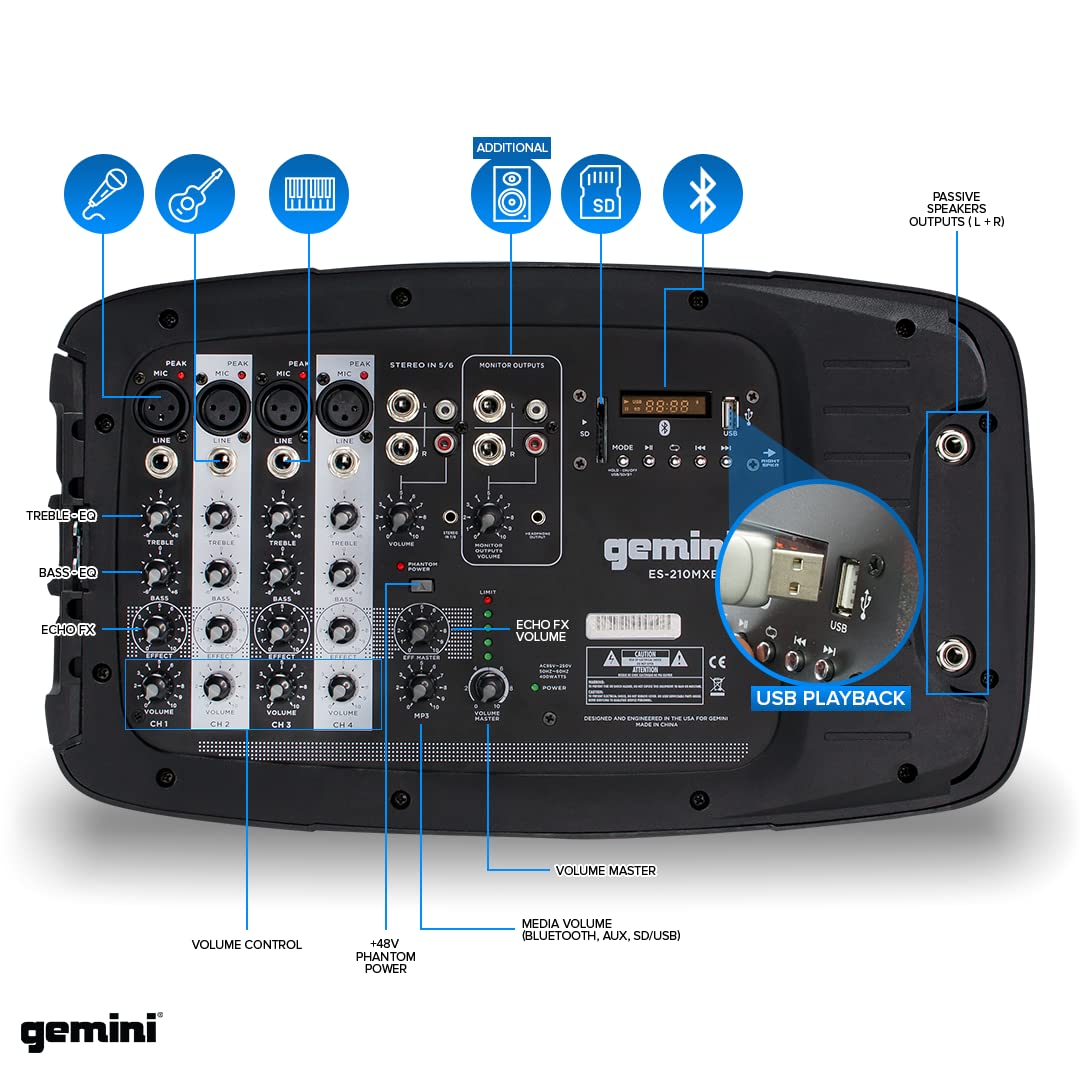 Professional PA System with 8-Channel Mixer - Gemini Sound Portable Dual 10