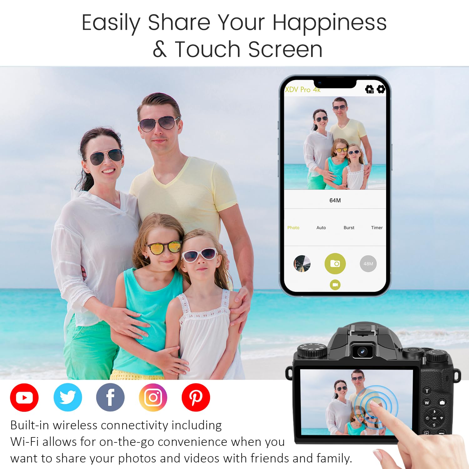 Saneen Digital Camera, 8k Cameras for Photography, 64MP WiFi Touch Screen Vlogging Camera with Flash, 32GB SD Card, Lens Hood,3000mAH Battery, Front and Rear Cameras,Hot Shoe Interface Beginner