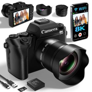 Saneen Digital Camera, 8k Cameras for Photography, 64MP WiFi Touch Screen Vlogging Camera with Flash, 32GB SD Card, Lens Hood,3000mAH Battery, Front and Rear Cameras,Hot Shoe Interface Beginner