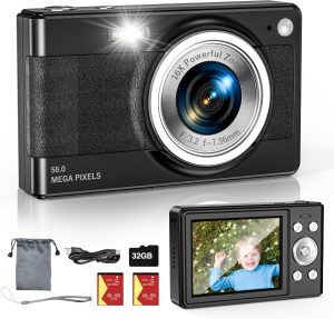 Upgrade Digital Camera, 56MP FHD 1080P Camera for Kids with 16x Zoom Anti Shake, Kid Camera with 32GB TF Card, Two Batteries, Lanyard, Compact Small Camera for Kids Boys Girls（Black）